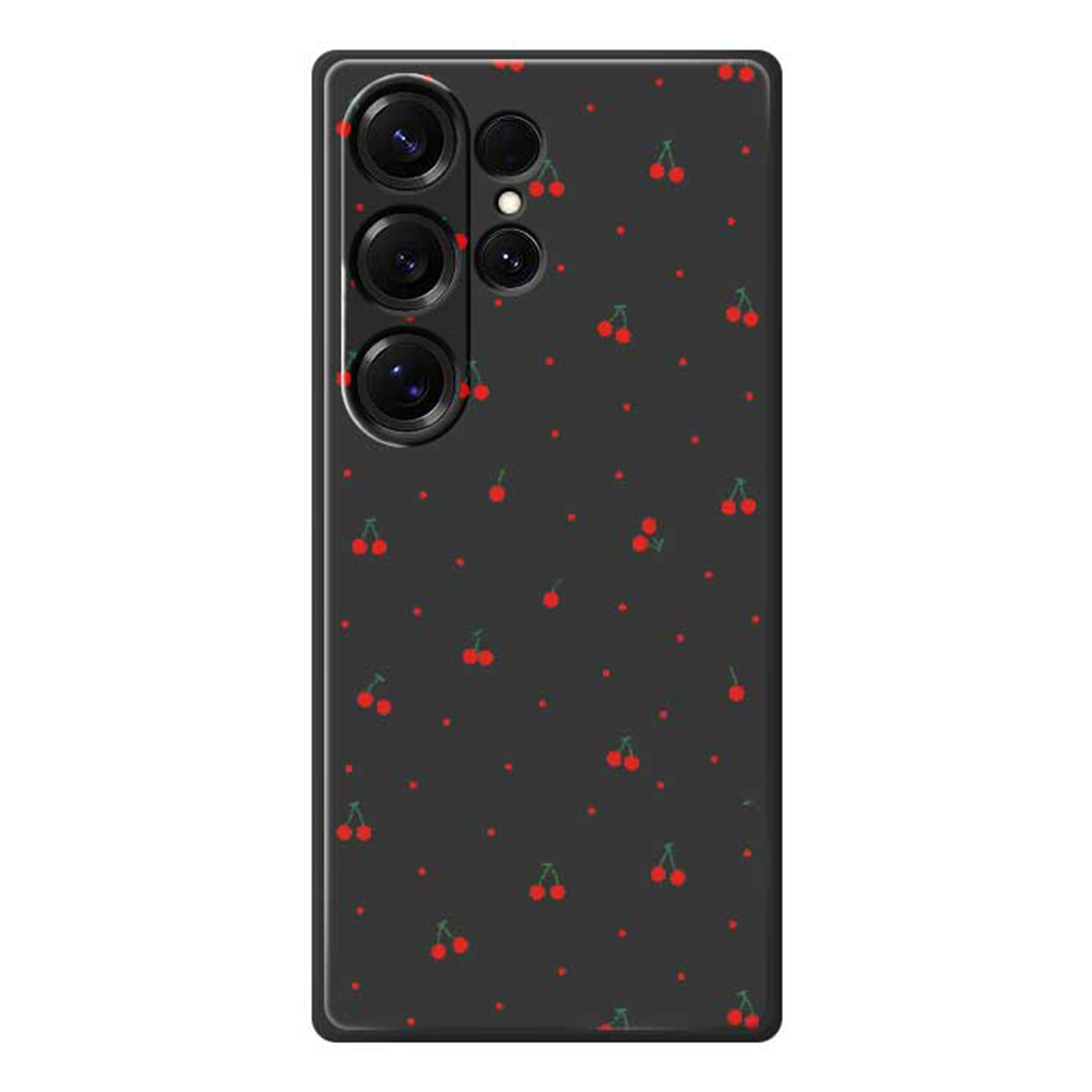 For Samsung Galaxy S26 Ultra Case Red Cherry Pattern Printing Straight Edge TPU Phone Back Cover - Black