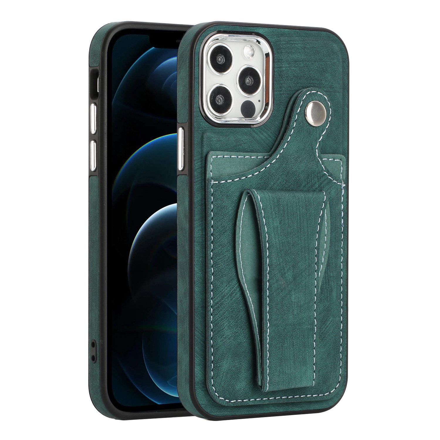 

Для Iphone 12 / 12 Pro 6,1 -дюймовый Ротажный Кик -стенд PU - Зеленый, iPhone 12