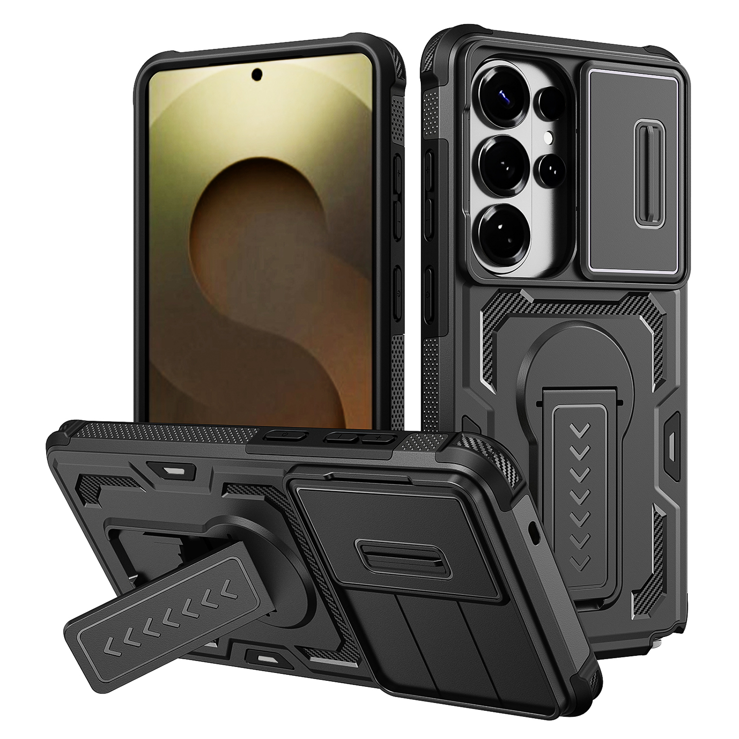 For Samsung Galaxy S26 Ultra Case Slide Lens Shield PC + TPU Kickstand Phone Cover - Black
