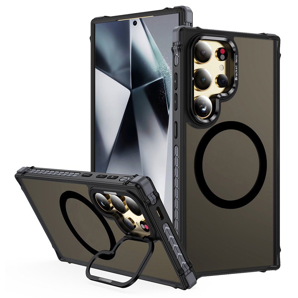 For Samsung Galaxy S26 Ultra Case with Lens Kickstand Matte Phone Back Cover Magnetic Case - Black