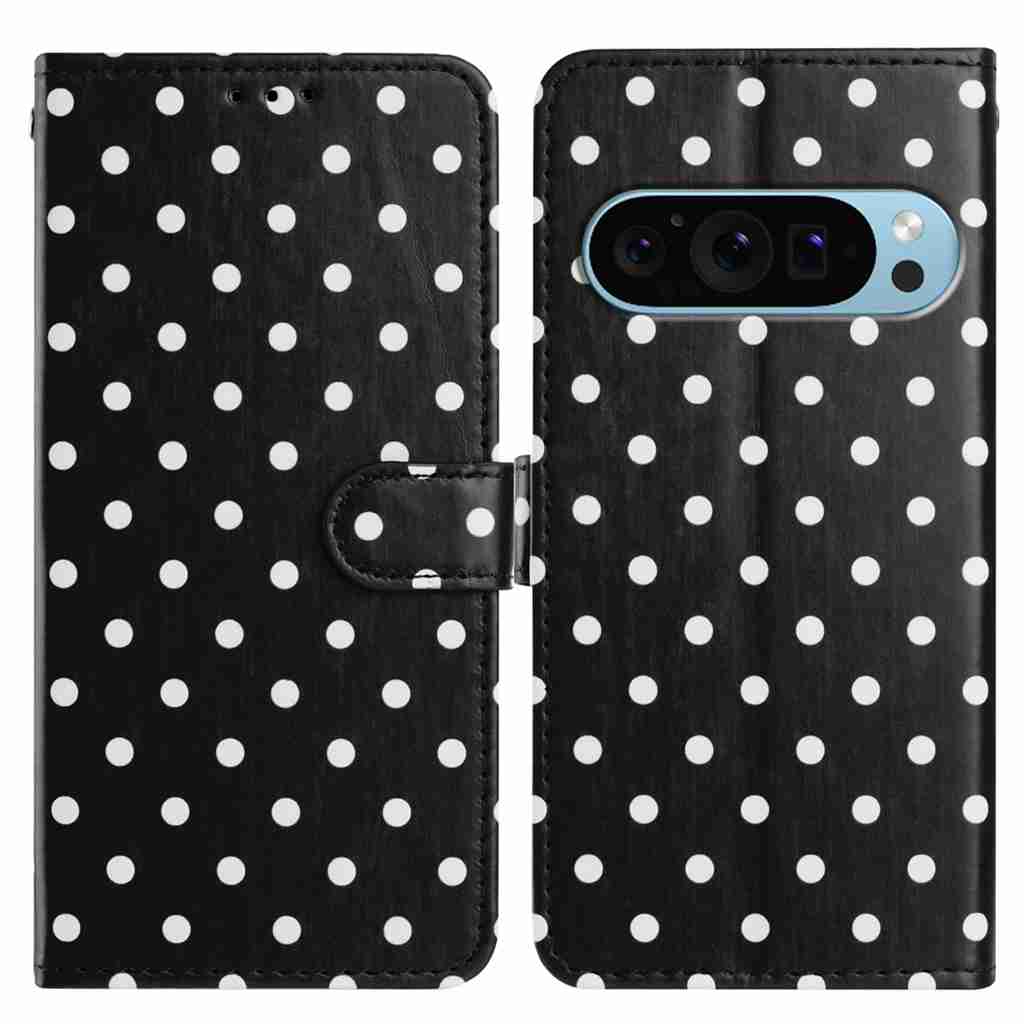 For Google Pixel 10 / Google Pixel 9 Pro / Google Pixel 9 / Google Pixel 10 Pro Leather Case Polka Dot Pattern Wallet Stand Folio Phone Cover - Black