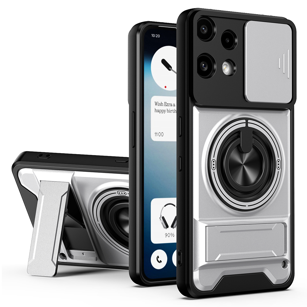 For Nothing Phone (3a) Lite 5G Magnetic Case Ring Holder Foldable Kickstand TPU PC Phone Cover with Camera Lens Slider - Silver
