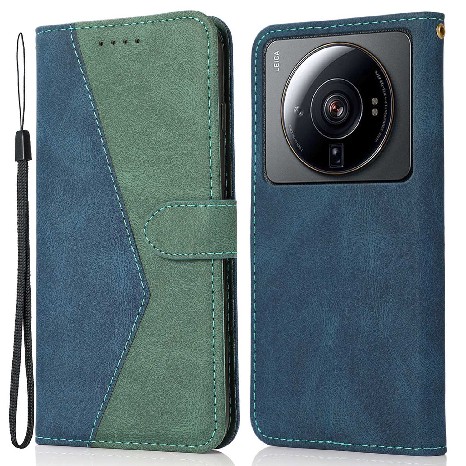 

Für Xiaomi 12s Ultra 5G Anti-drop-ständer Phone Deckungsfarbe Pu-leder + Tpu-brieftaschenhülle Mit Handgelenkriemen - Blau / Grün, Xiaomi 12S Ultra 5G