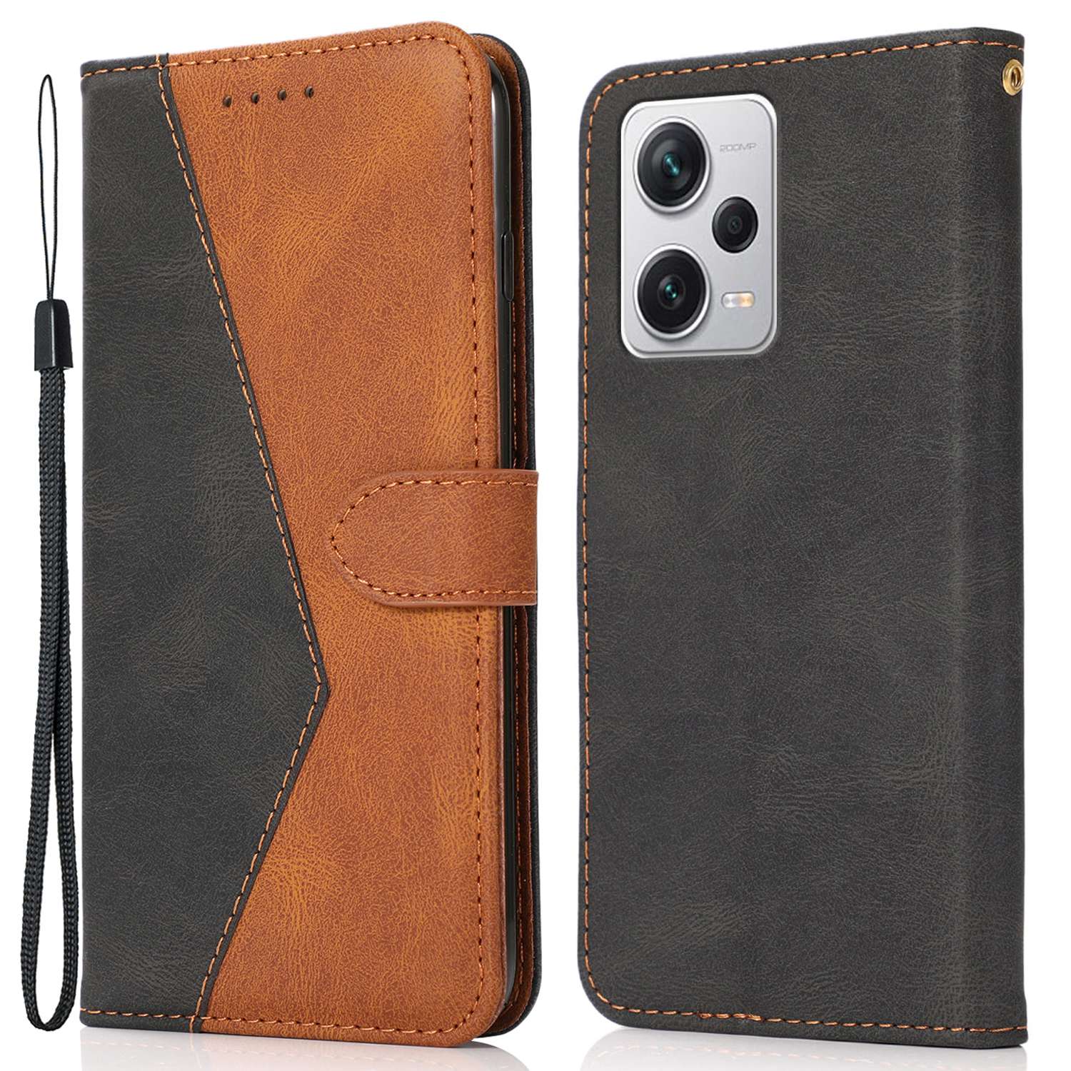 

Für Xiaomi Redmi Note 12 Pro+ 5G Farbspleiß Wallet Stand PU Lederabdeckung Innere TPU -telefonhülle Mit Handgelenkriemen - Schwarz / Braun, Xiaomi Redmi Note 12 Pro+ 5G
