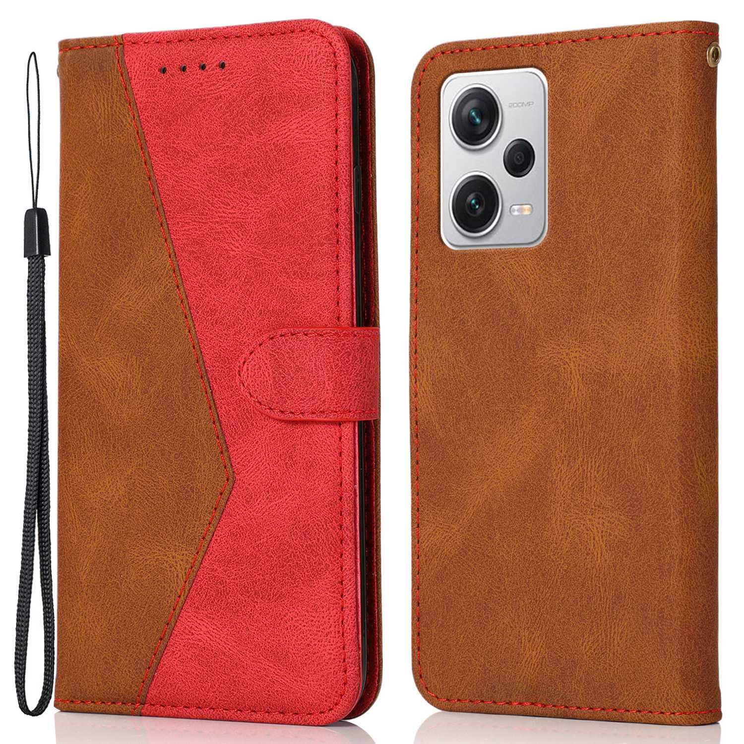 

Für Xiaomi Redmi Note 12 Pro+ 5G Farbspleiß Wallet Stand PU Lederabdeckung Innere TPU -telefonhülle Mit Handgelenkriemen - Braun / Rot, Xiaomi Redmi Note 12 Pro+ 5G