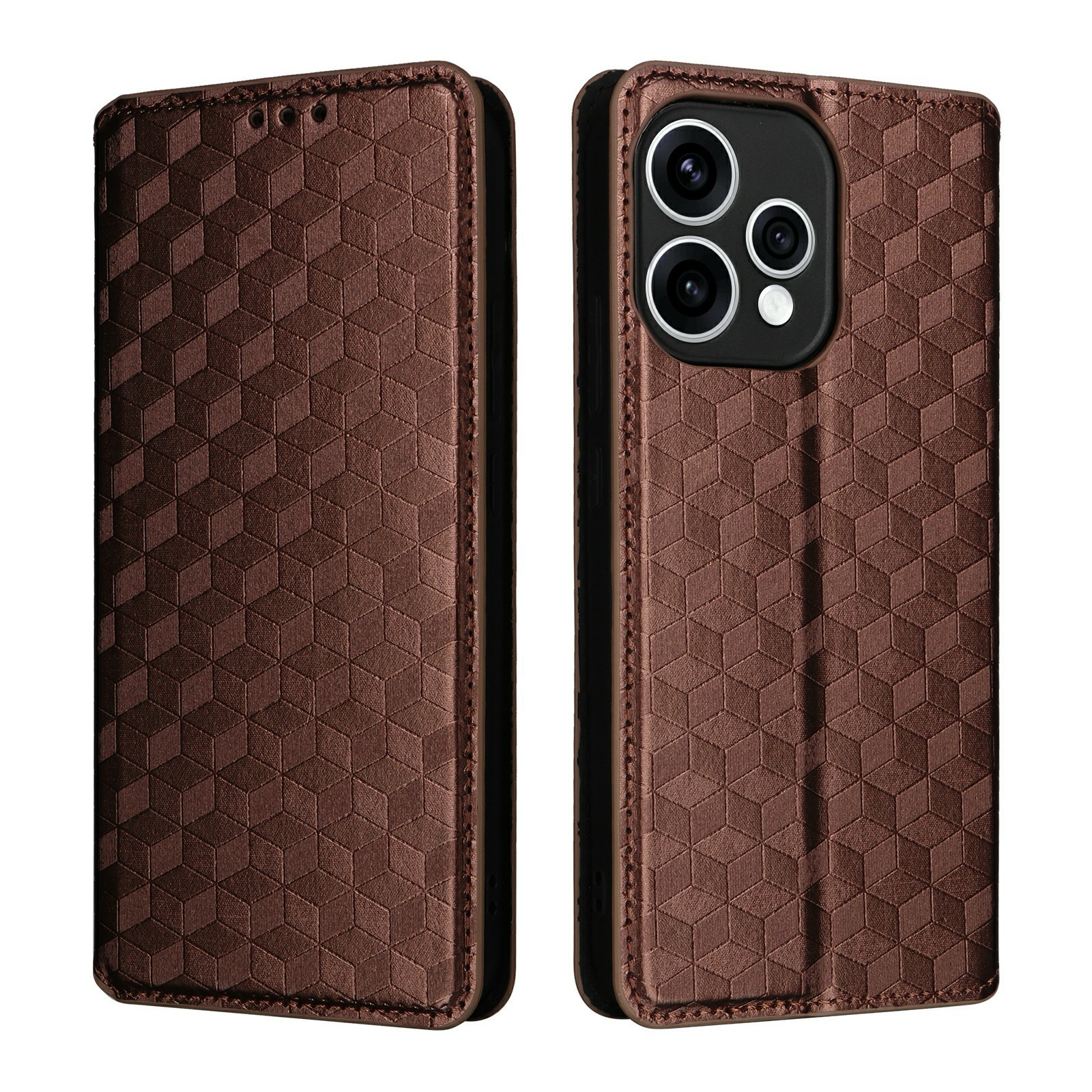 Phone Case for Oppo Reno15 5G (Global)  /  Reno15c 5G (China) Wallet Rhombus Imprinted PU Leather Phone Cover - Brown