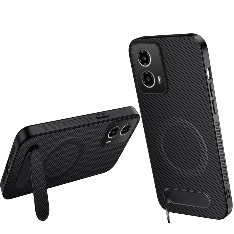 WANLONFENG For Motorola Moto G45 5G / Motorola Moto G34 5G Magnetic Case  QT Series Kickstand Carbon Fiber Texture PC TPU Phone Cover - Black