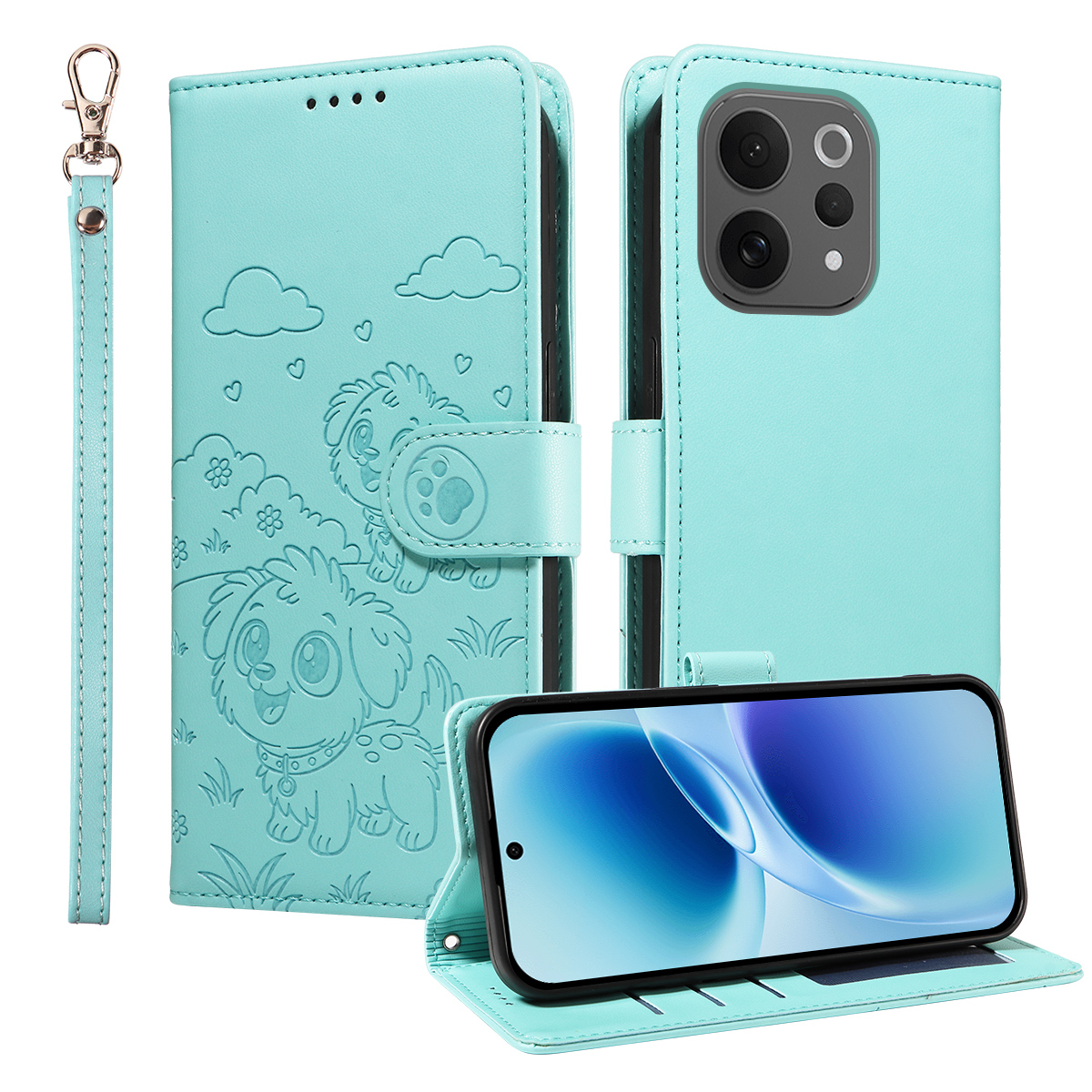 For vivo S50 5G / vivo V70 5G Case RFID Blocking Imprinted Dog Pattern PU Leather Phone Cover with Wrist Strap - Green