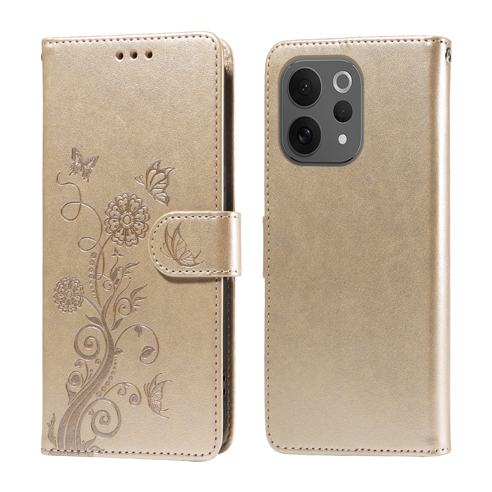 For vivo S50 5G / vivo V70 5G Leather Case Butterfly Floral Imprint Wallet Stand Cover - Golden