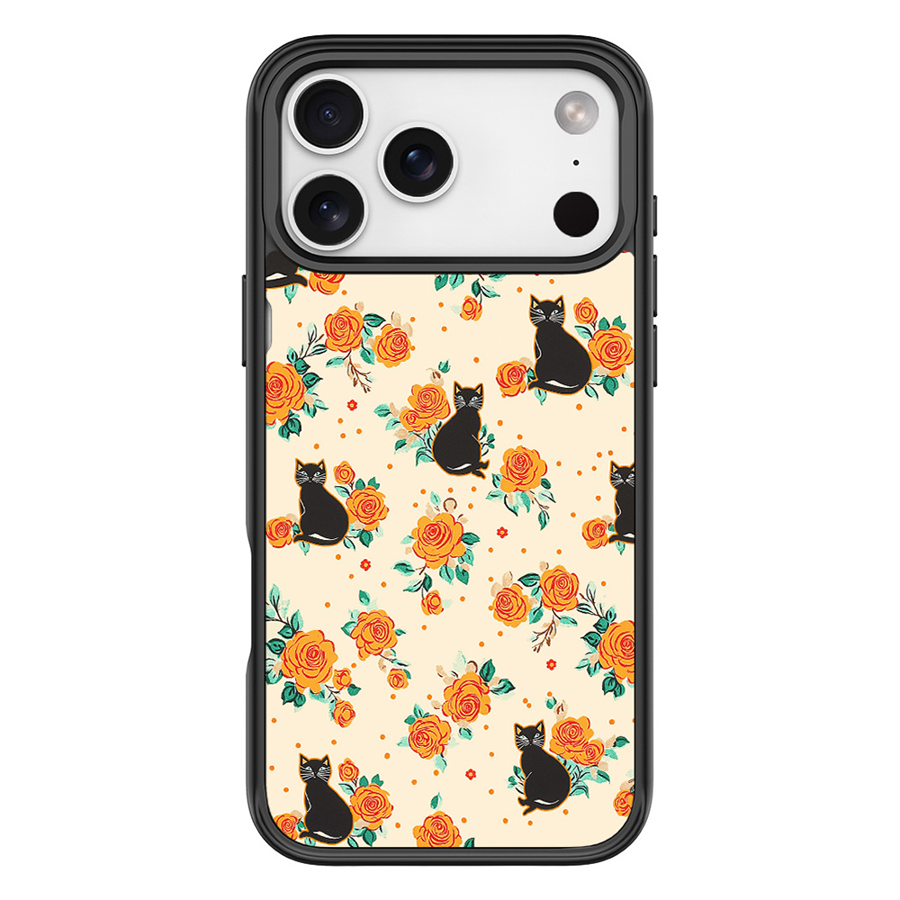 For iPhone 17 Pro Max Magnetic Case TPU PC Phone Cover with Detachable Yellow Flower Cat Pattern Backplate - Black