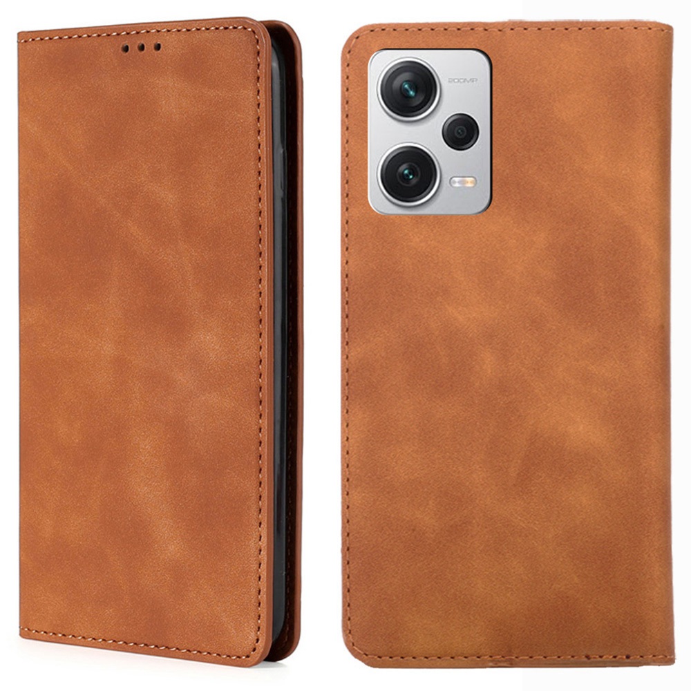 PU Leather Cover for Xiaomi Redmi Note 12 Pro+ Foldable Stand Skin-touch Feeling Hidden Magnetic Adsorption Flip Case with Card Holder - Light Brown