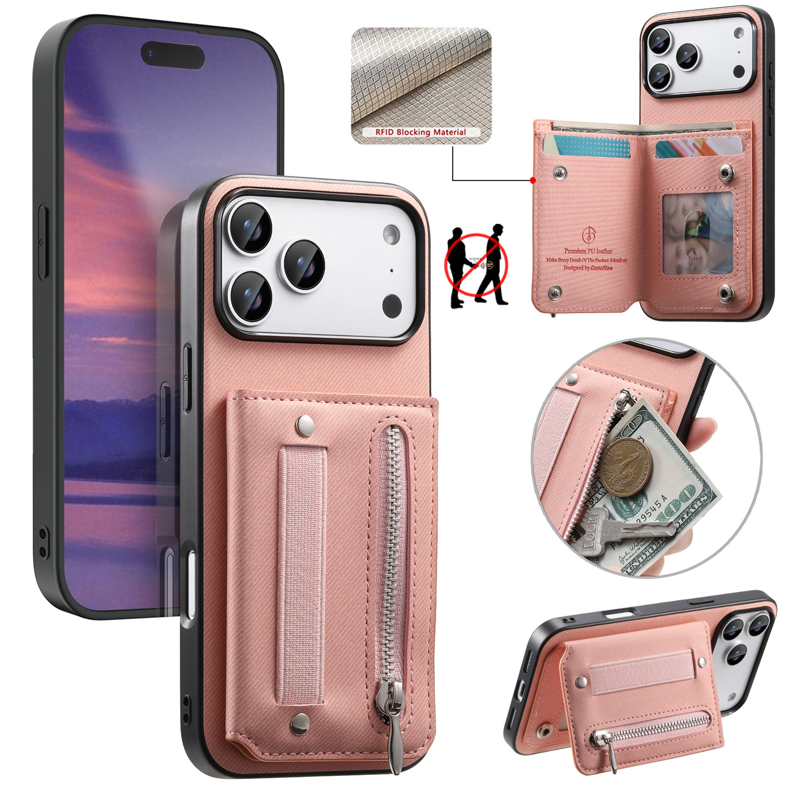 For iPhone 17 Pro Case RFID Blocking Card Holder Jeans Cloth Texture Leather Back Cover with Elastic Wristband - Pink