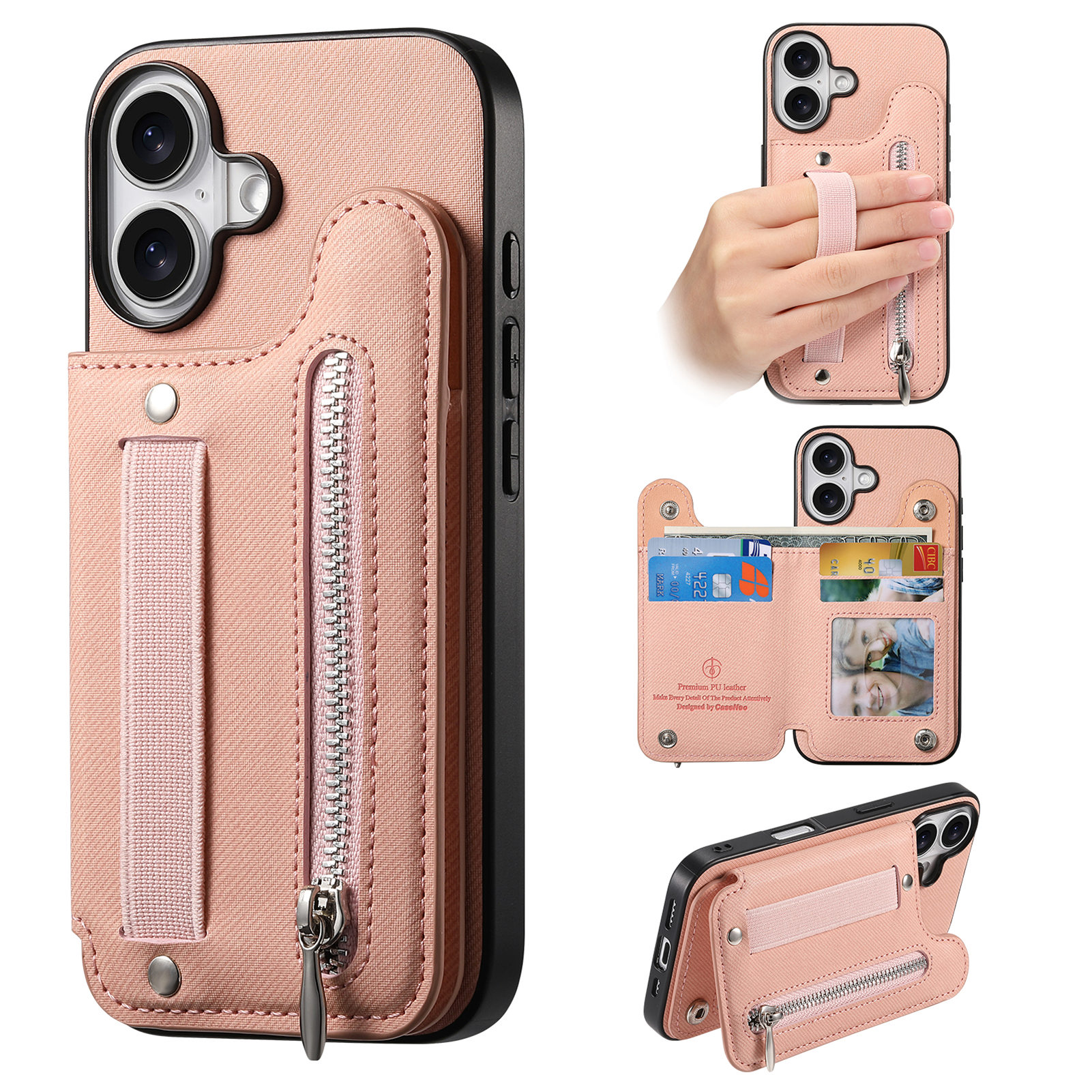 For iPhone 17 Case RFID Blocking Card Holder Jeans Cloth Texture Leather Back Cover with Elastic Wristband - Pink