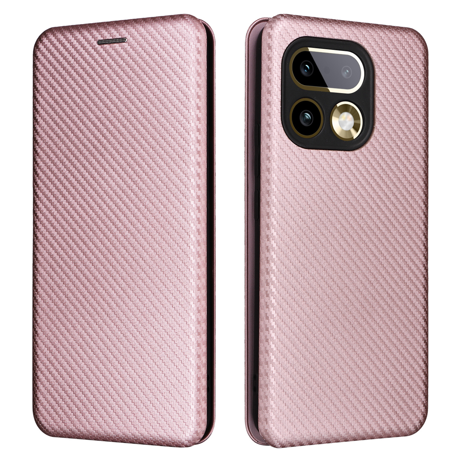 For Realme 16 Pro+ 5G Case Carbon Fiber Texture Drop-Proof PU Leather Phone Cover - Rose Gold