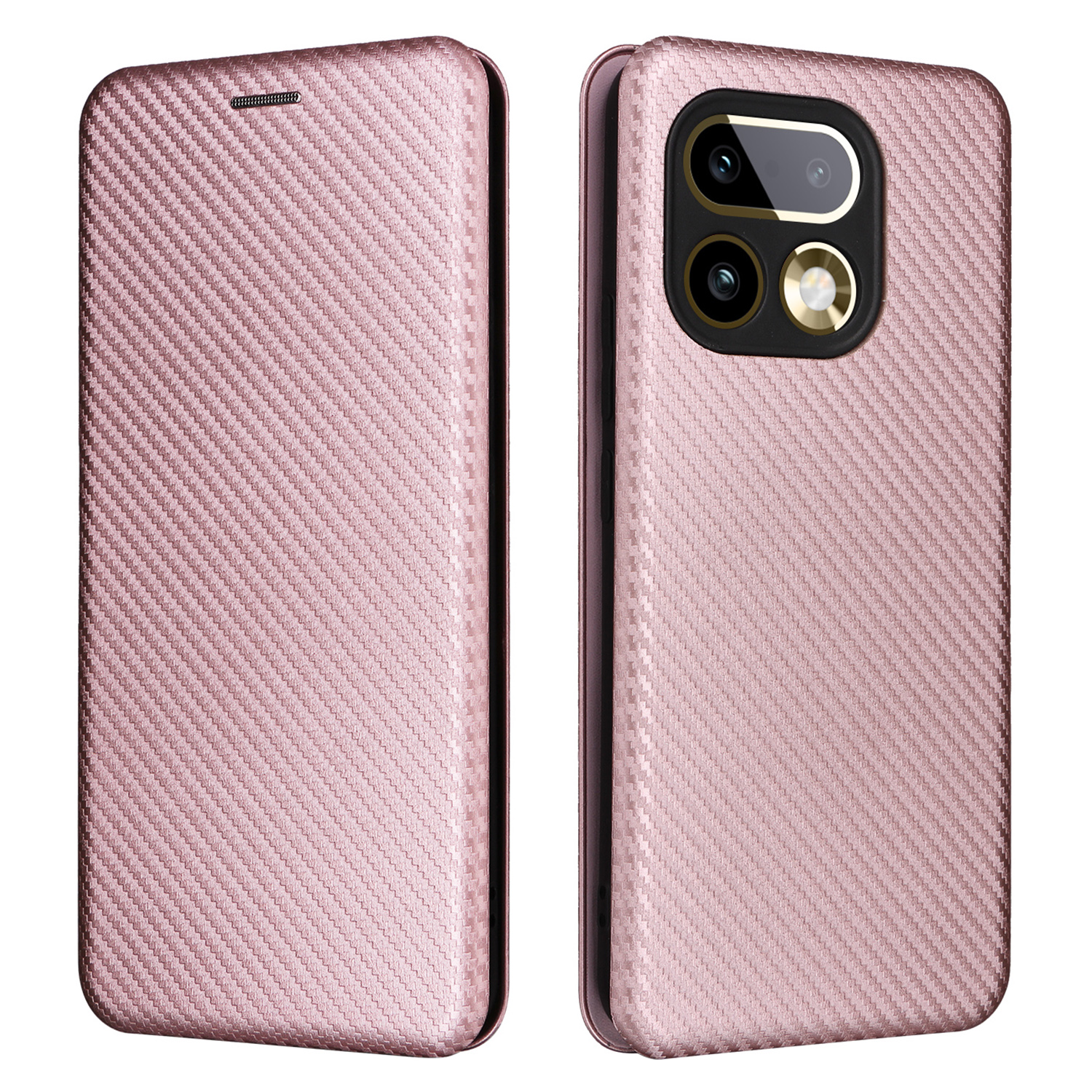 For Realme 16 Pro 5G Case Carbon Fiber Texture Drop-Proof PU Leather Phone Cover - Rose Gold