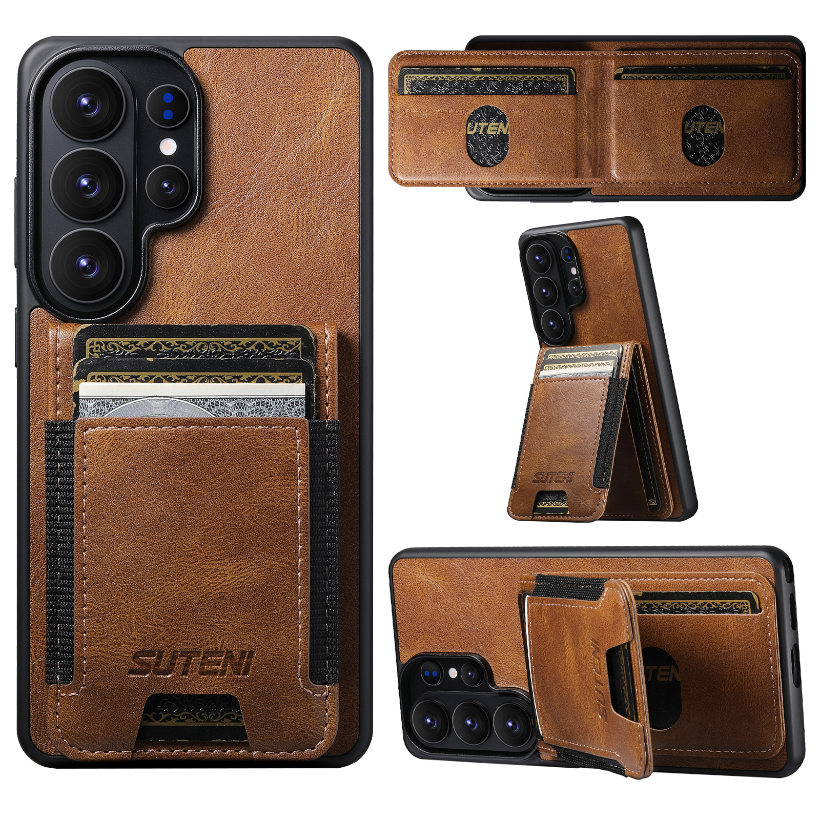 SUTENI H03 For Samsung Galaxy S26 Ultra Case Card Holder Waxy Texture Leather + TPU Phone Cover - Brown