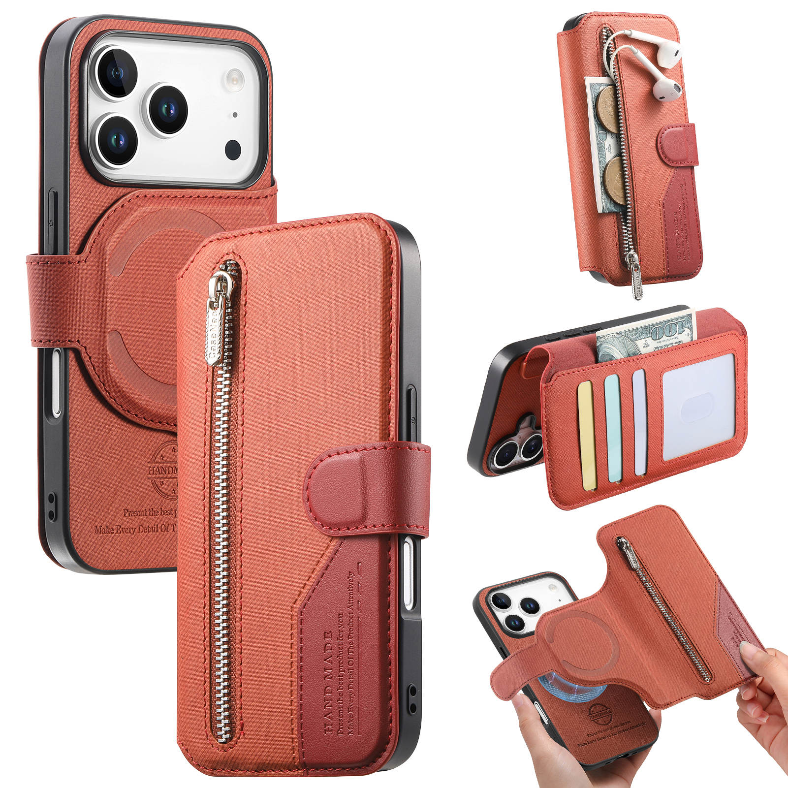 For iPhone 17 Pro Magnetic Case RFID Blocking Detachable Wallet Stand Cloth Texture Leather Phone Cover - Brown