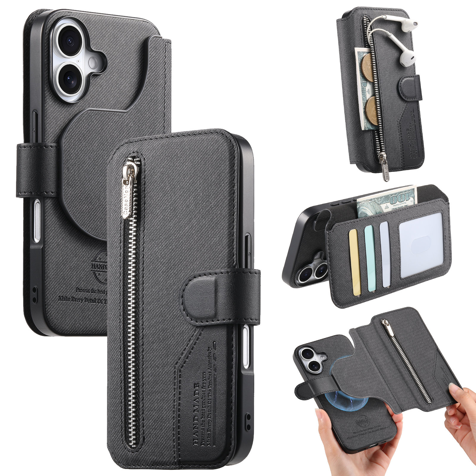 For iPhone 16 Magnetic Case RFID Blocking Detachable Wallet Stand Cloth Texture Leather Phone Cover - Black