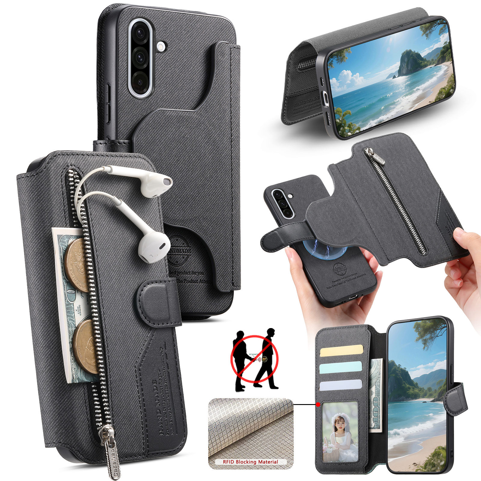 For Samsung Galaxy A57 5G Magnetic Case RFID Blocking Detachable Wallet Stand Cloth Texture Leather Phone Cover - Black