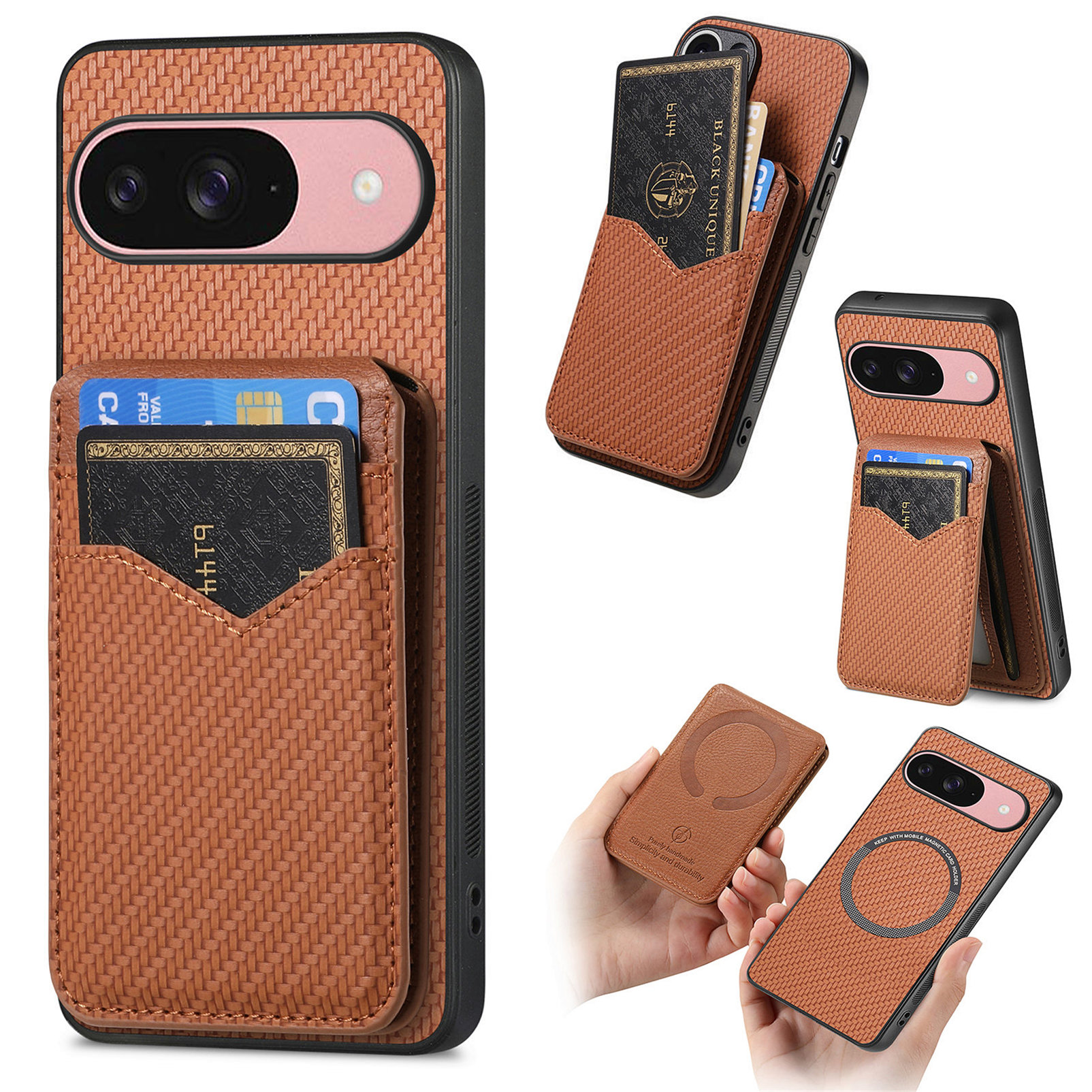 For Google Pixel 10 / 10 Pro Magnetic Case Carbon Fiber Texture Back Cover with Detachable Card Holder - Brown