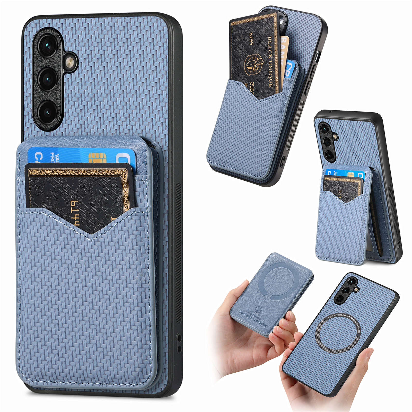 For Samsung Galaxy A56 5G Magnetic Case Carbon Fiber Texture Back Cover with Detachable Card Holder - Blue