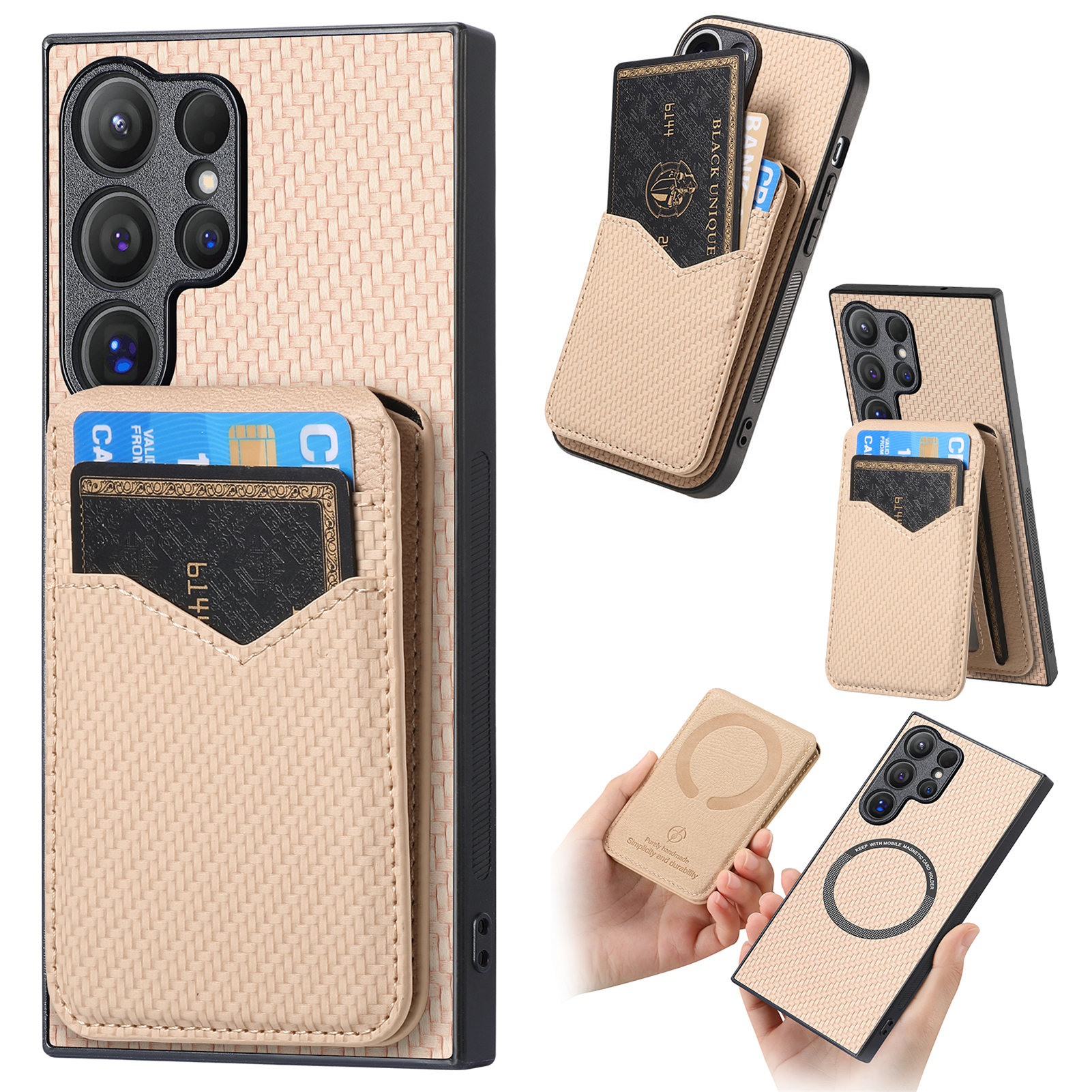 For Samsung Galaxy S25 Ultra Magnetic Case Carbon Fiber Texture Back Cover with Detachable Card Holder - Khaki