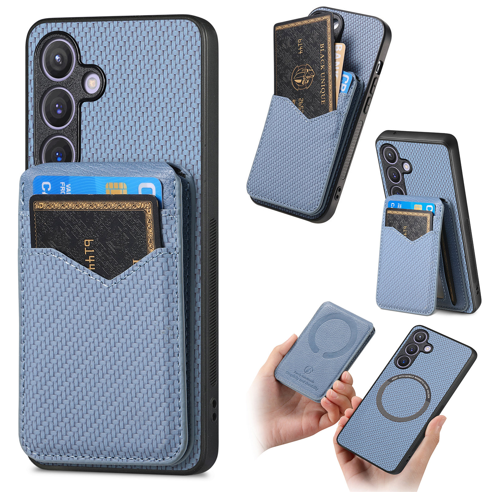 For Samsung Galaxy S25 FE Magnetic Case Carbon Fiber Texture Back Cover with Detachable Card Holder - Blue