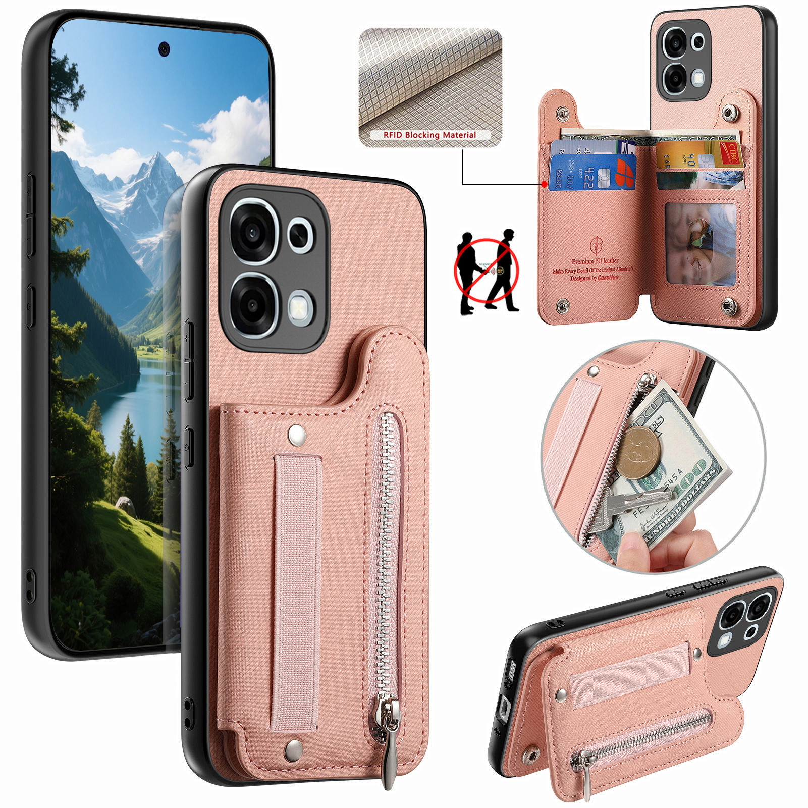 For Oppo A6 5G (Global) Case RFID Blocking Card Holder Jeans Cloth Texture Leather Back Cover with Elastic Wristband   - Pink