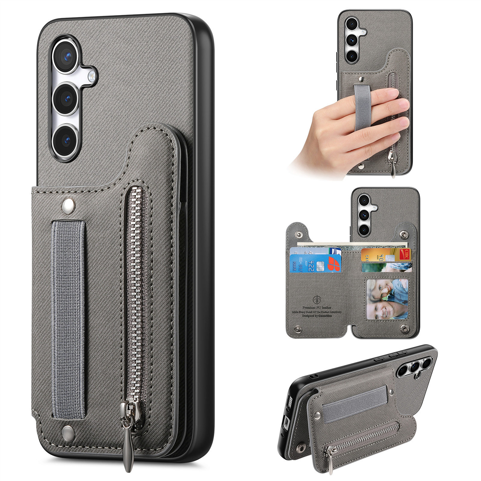 For Samsung Galaxy S26+ Case RFID Blocking Card Holder Jeans Cloth Texture Leather Back Cover with Elastic Wristband  - Grey