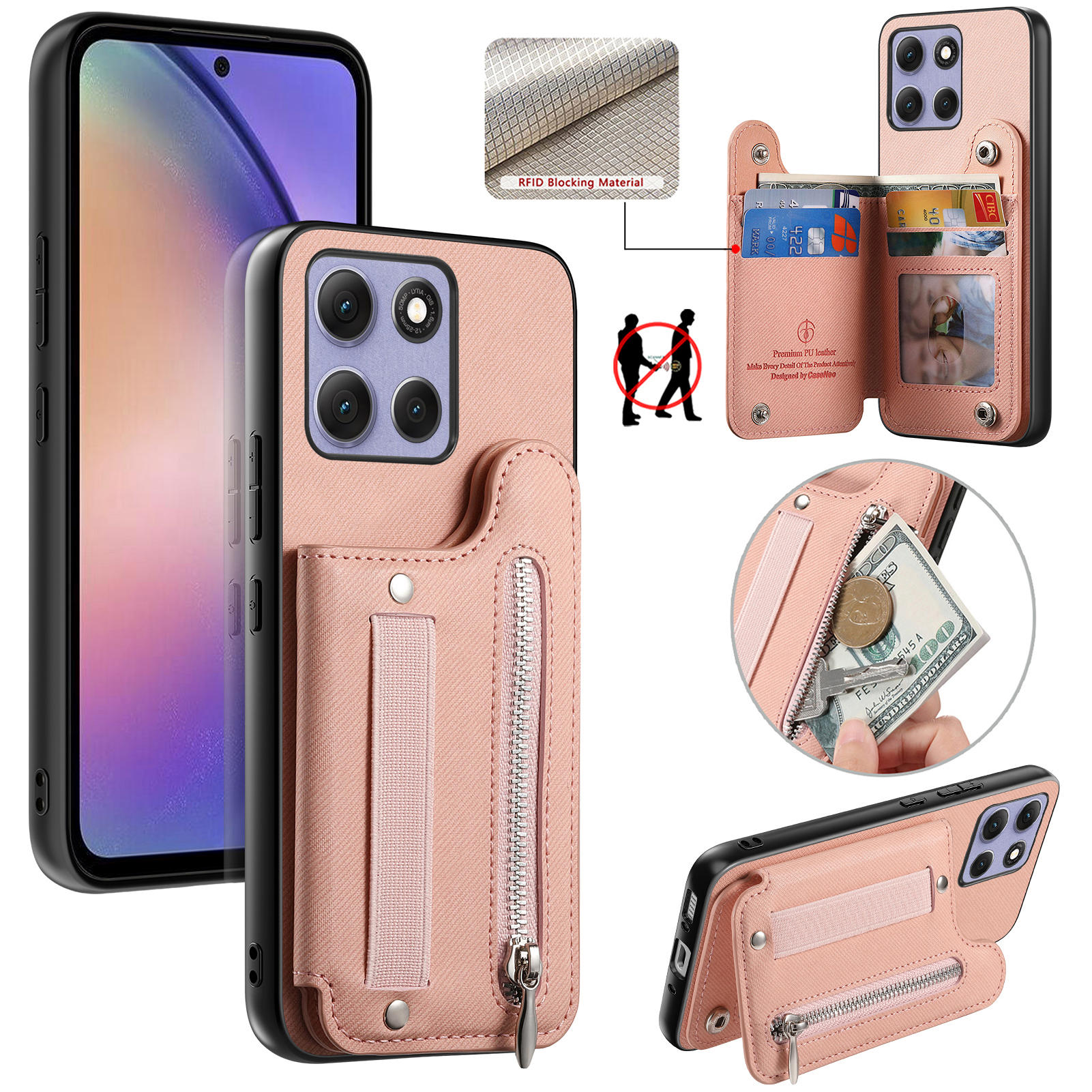 For Motorola Moto G86 Power 5G Case RFID Blocking Card Holder Jeans Cloth Texture Leather Back Cover with Elastic Wristband - Pink