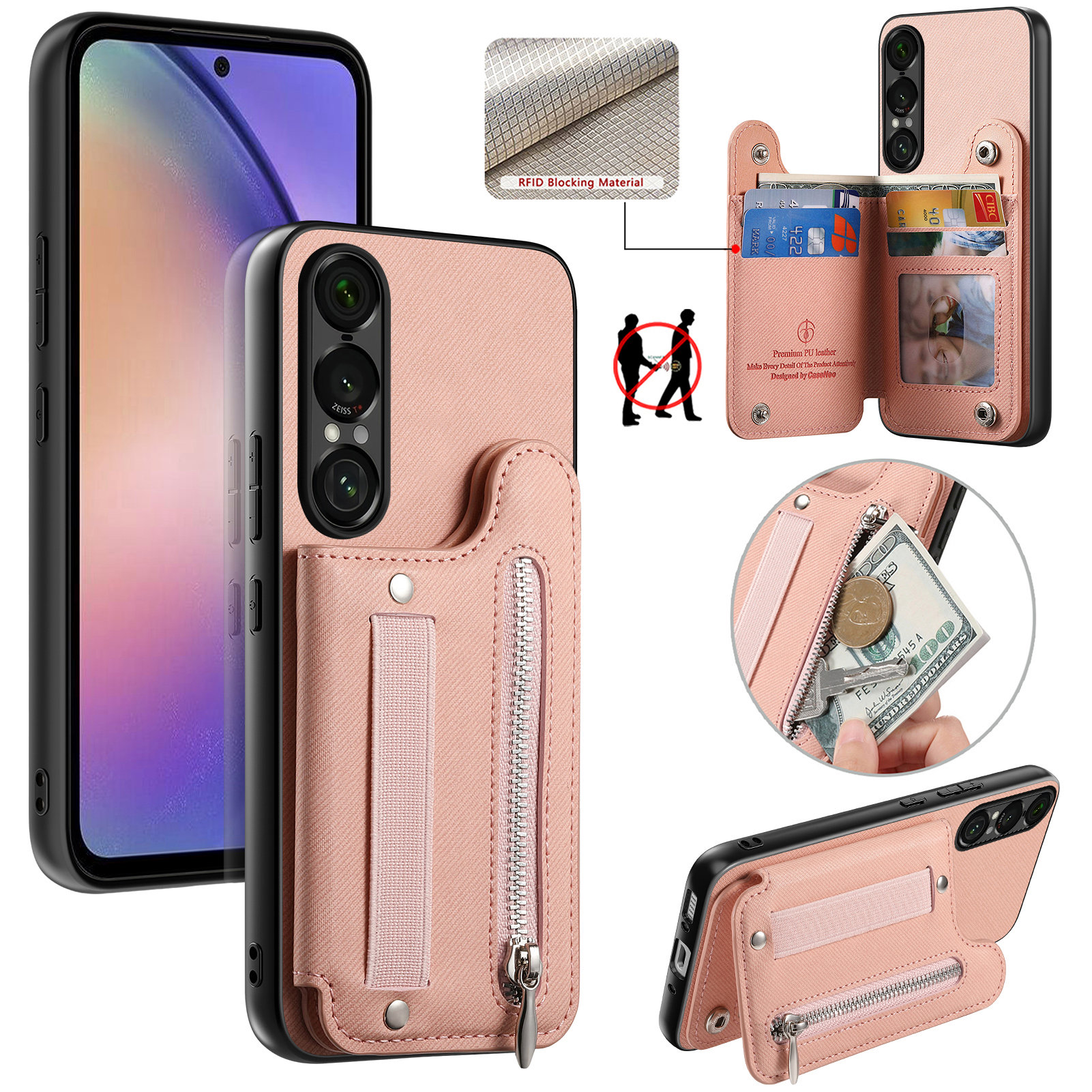 For Sony Xperia 1 VII Case RFID Blocking Card Holder Jeans Cloth Texture Leather Back Cover with Elastic Wristband - Pink