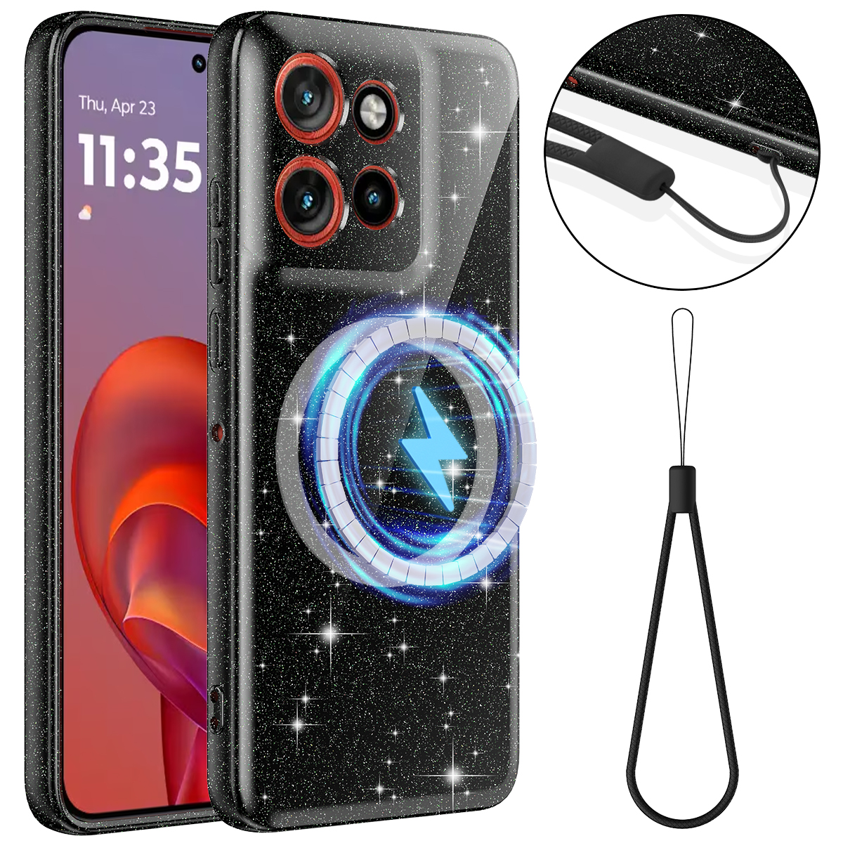Magnetic Case For Motorola Edge 60 Neo 5G / Edge 50 Neo 5G / Moto S50 5G / ThinkPhone 25 5G Glitter TPU Shockproof Phone Cover with Lanyard - Black