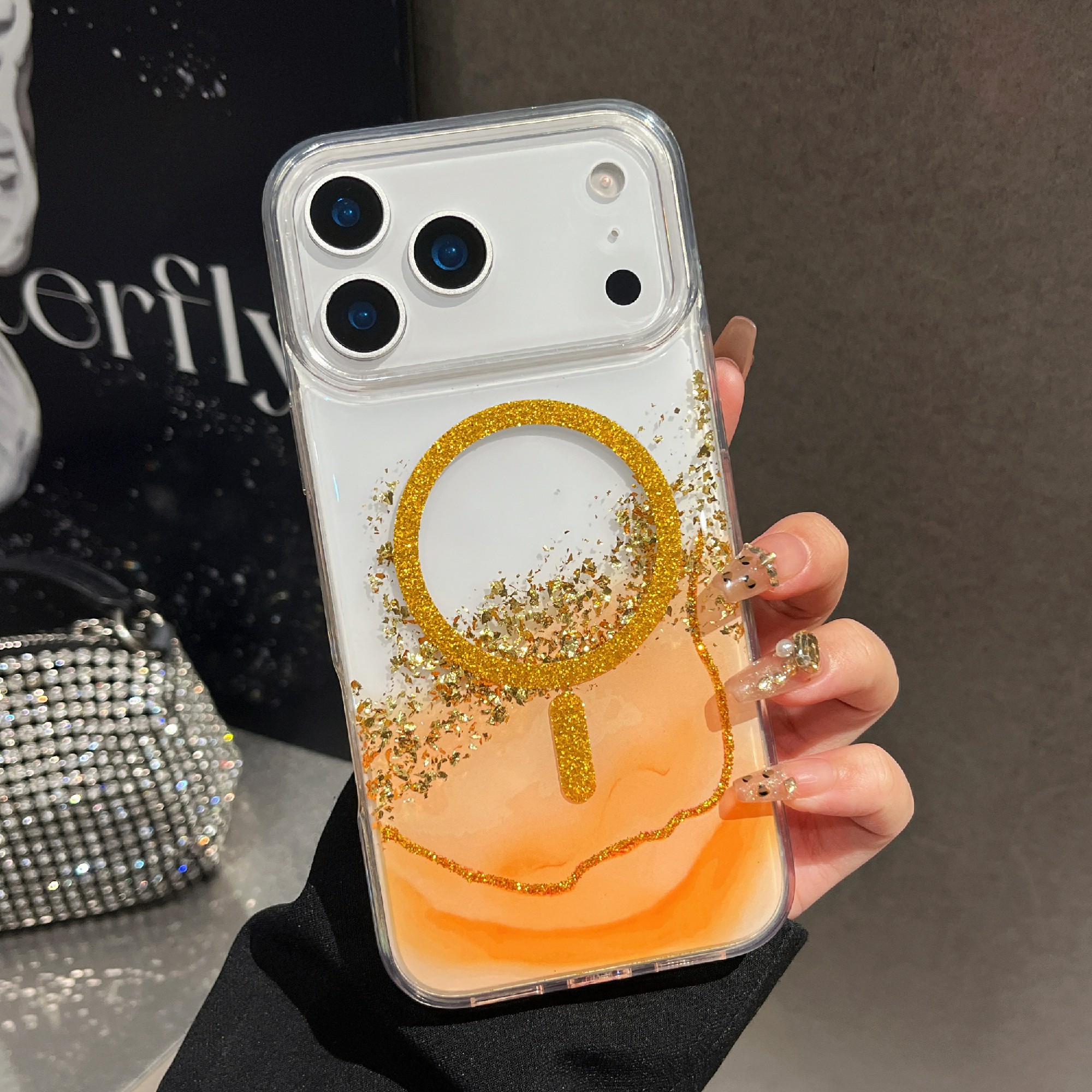 For iPhone 17 Pro Magnetic Case Compatible with MagSafe Gold Foil Glitter 2.5mm Epoxy TPU Phone Cover - Orange