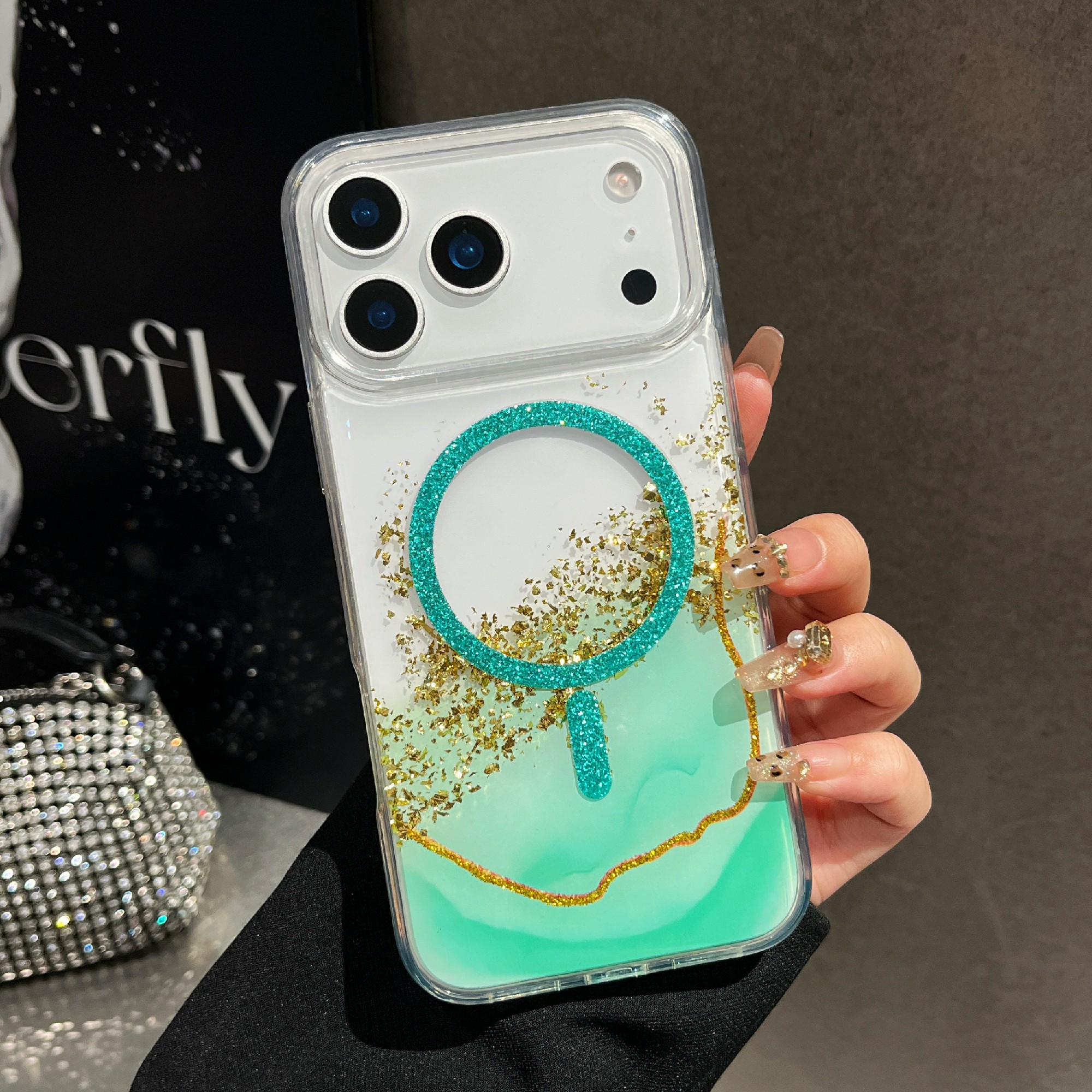 For iPhone 17 Pro Max Magnetic Case Compatible with MagSafe Gold Foil Glitter 2.5mm Epoxy TPU Phone Cover - Green