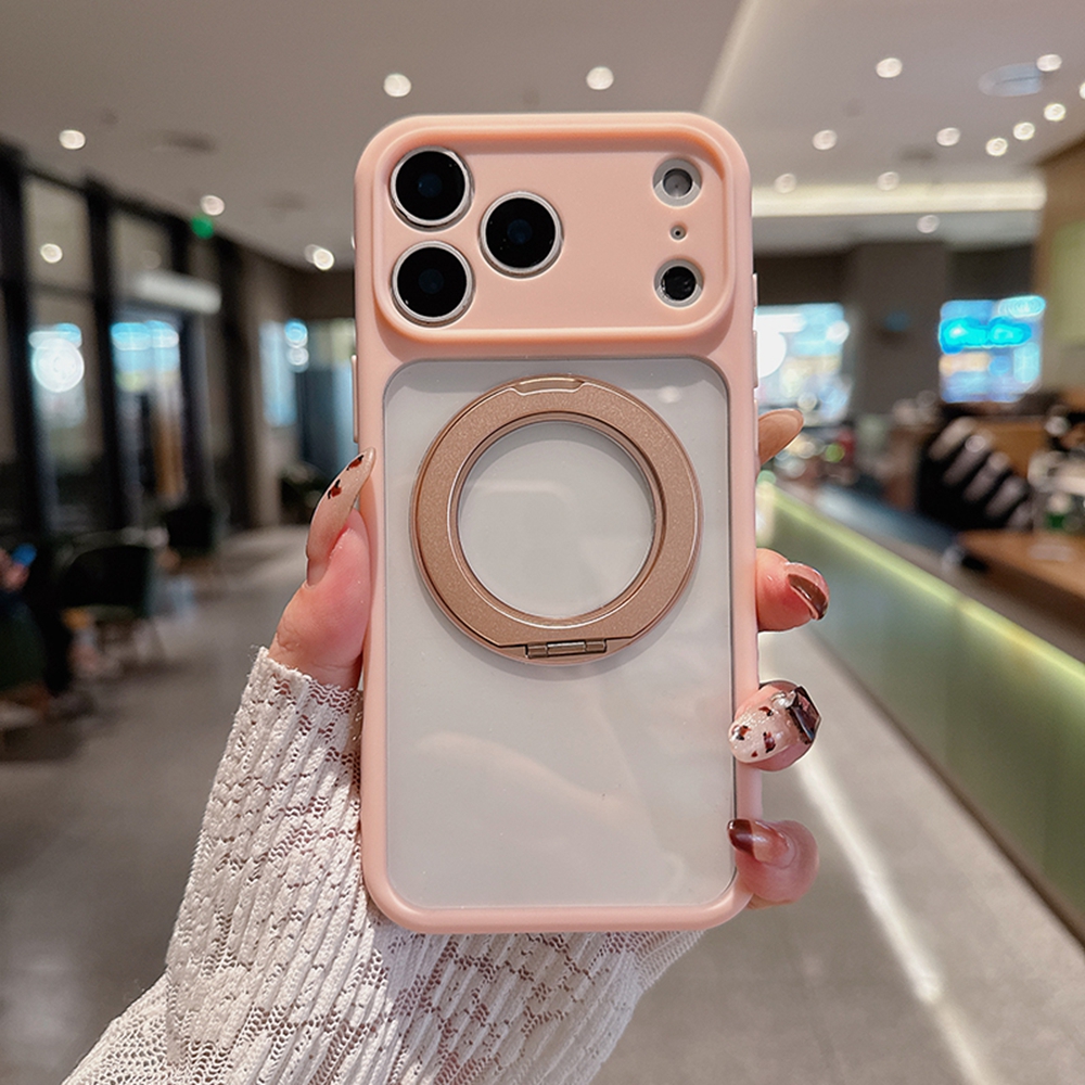 For iPhone 17 Pro Magnetic Case PC + TPU Ring Kickstand Phone Cover (Precise Lens Cutouts) - Pink