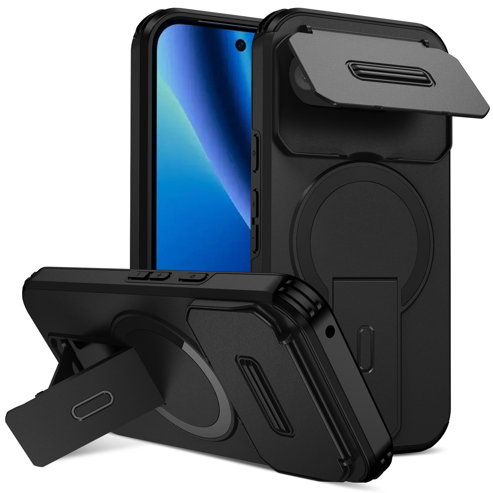 For Google Pixel 10a Magnetic Case Kickstand Camera Slider PC + TPU Phone Cover - Black