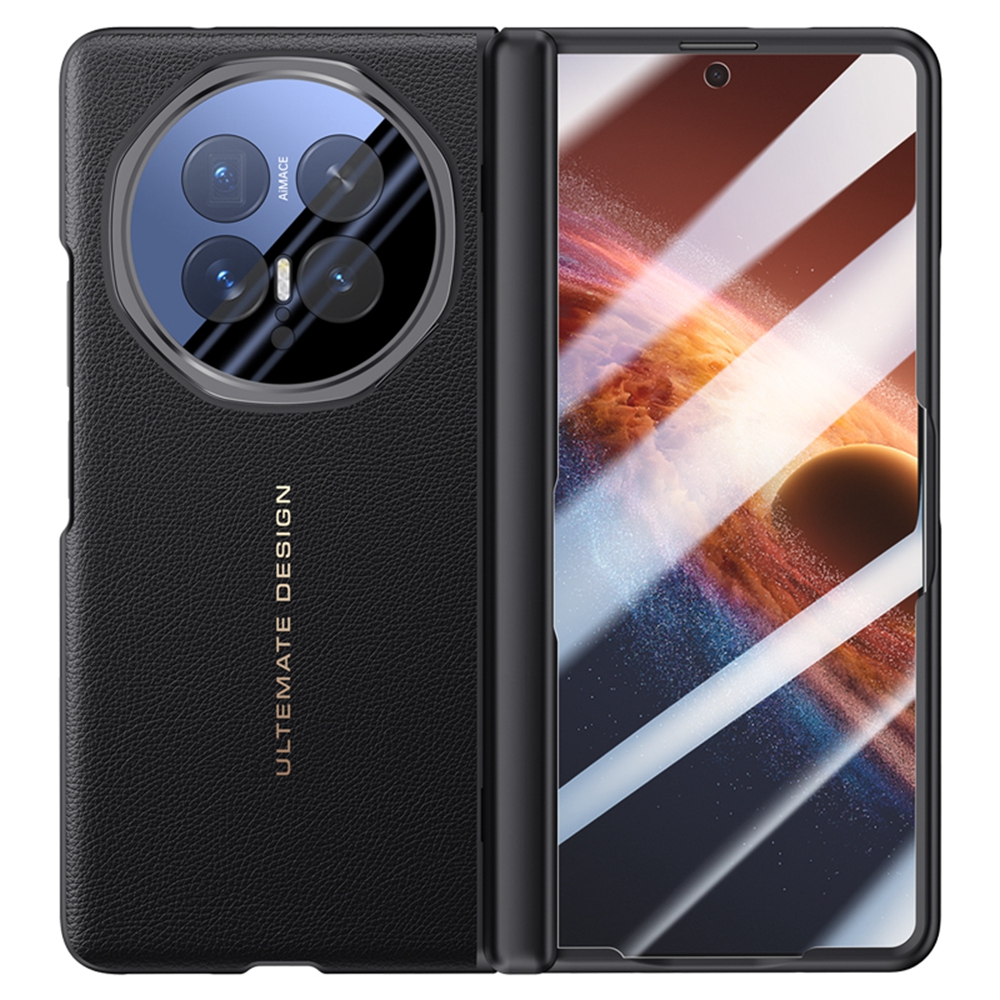 For Honor Magic V6 5G Case Leather + PC Phone Cover with HD Tempered Glass Film, Lens Kickstand - Black