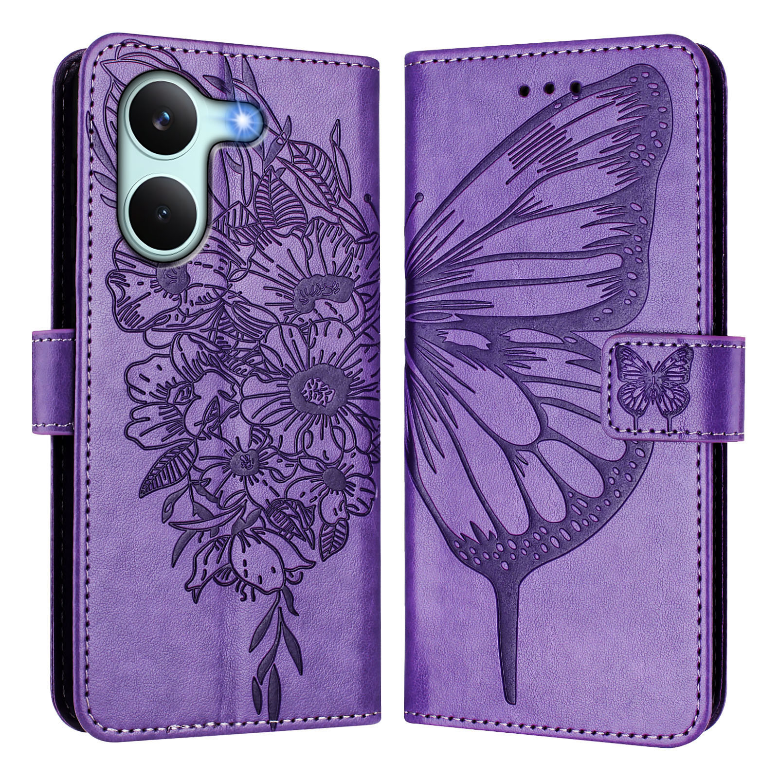 For Xiaomi Poco X8 Pro 5G / Xiaomi Redmi Turbo 5 5G Wallet Case with Wrist Strap Butterfly Imprint Leather Phone Cover - Purple