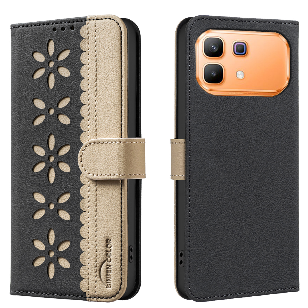 BINFEN COLOR For Infinix Note 60 Pro 5G / Infinix Note 60 5G  BF36 Leather Case Floral Pattern Phone Cover RFID Blocking Wallet Stand - Black