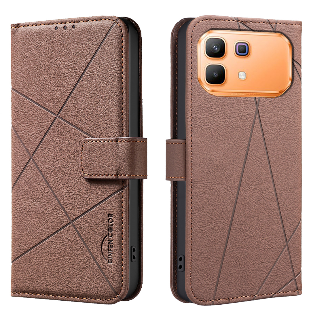 BINFEN COLOR For Infinix Note 60 Pro 5G / Infinix Note 60 5G  BF35 Case Geometry Imprinted Leather Phone Cover RFID Blocking Wallet Stand - Brown