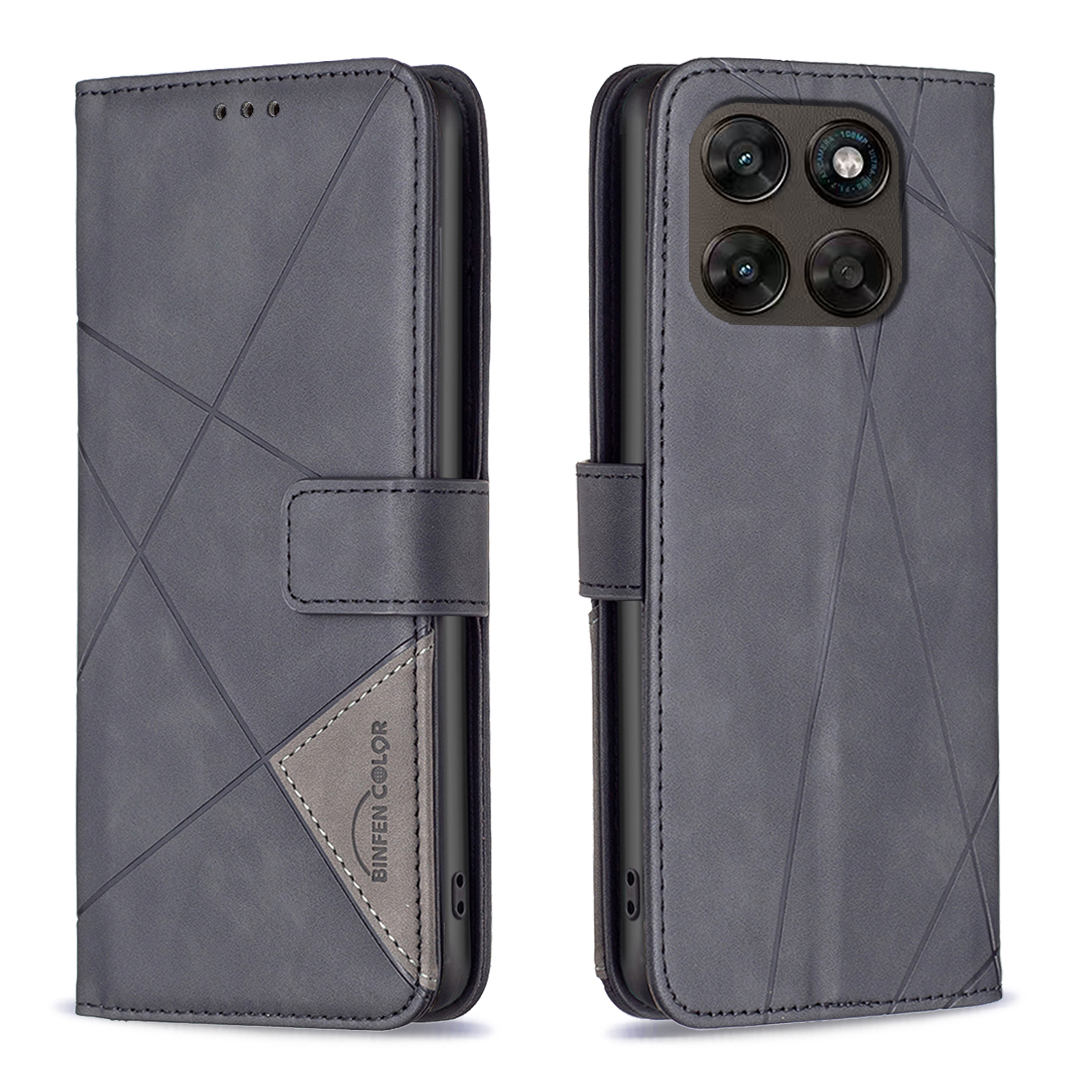 BINFEN COLOR For Motorola Moto G77 5G / Motorola Moto G67 5G  Phone Case Wallet Stand Geometry Imprinted Leather Cover - Black