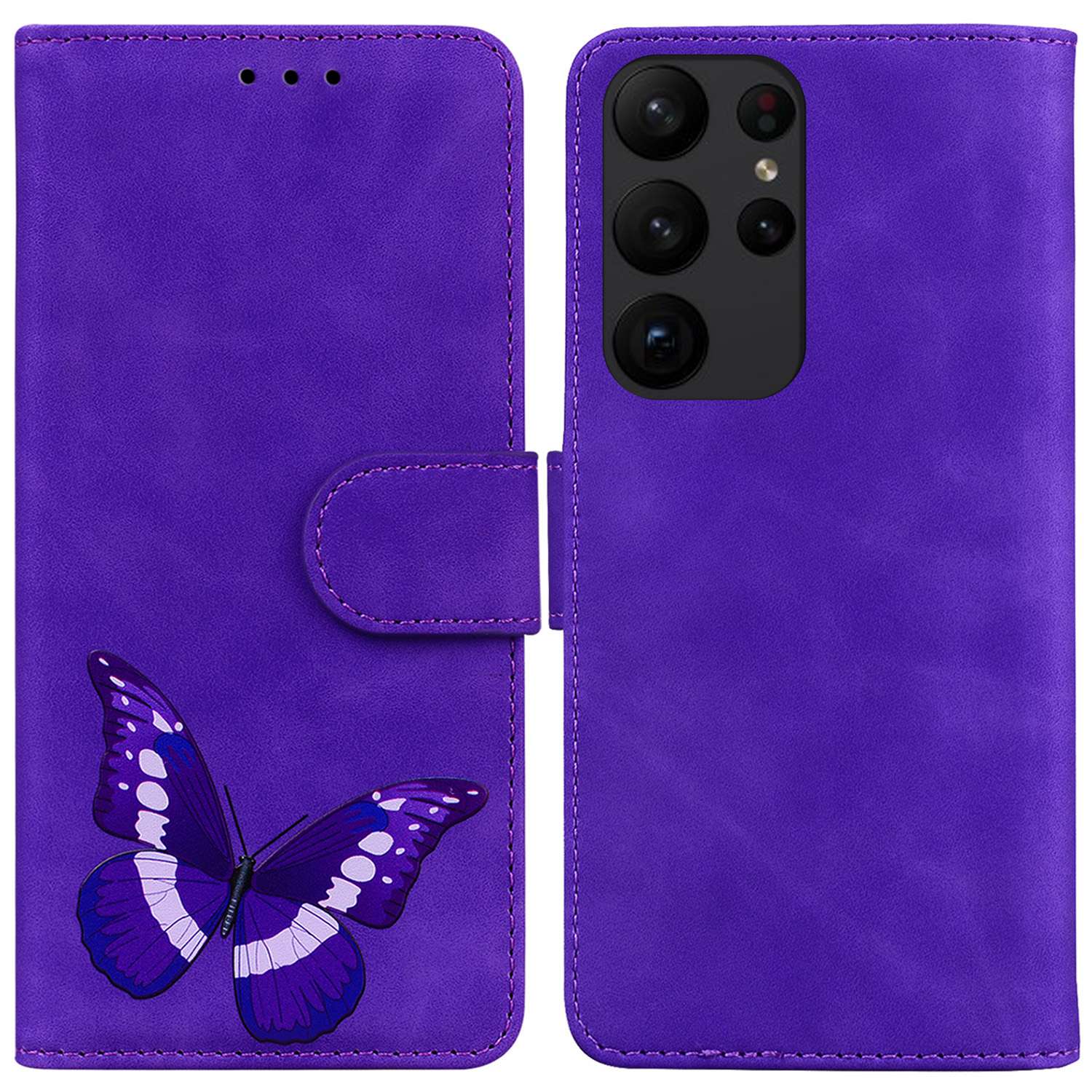 

For Samsung Galaxy S23 Ultra Butterfly Pattern Printing Flip Phone Case Skin-touch PU Leather Wallet Stand Full Protective Cover - Purple, Galaxy S23 Ultra