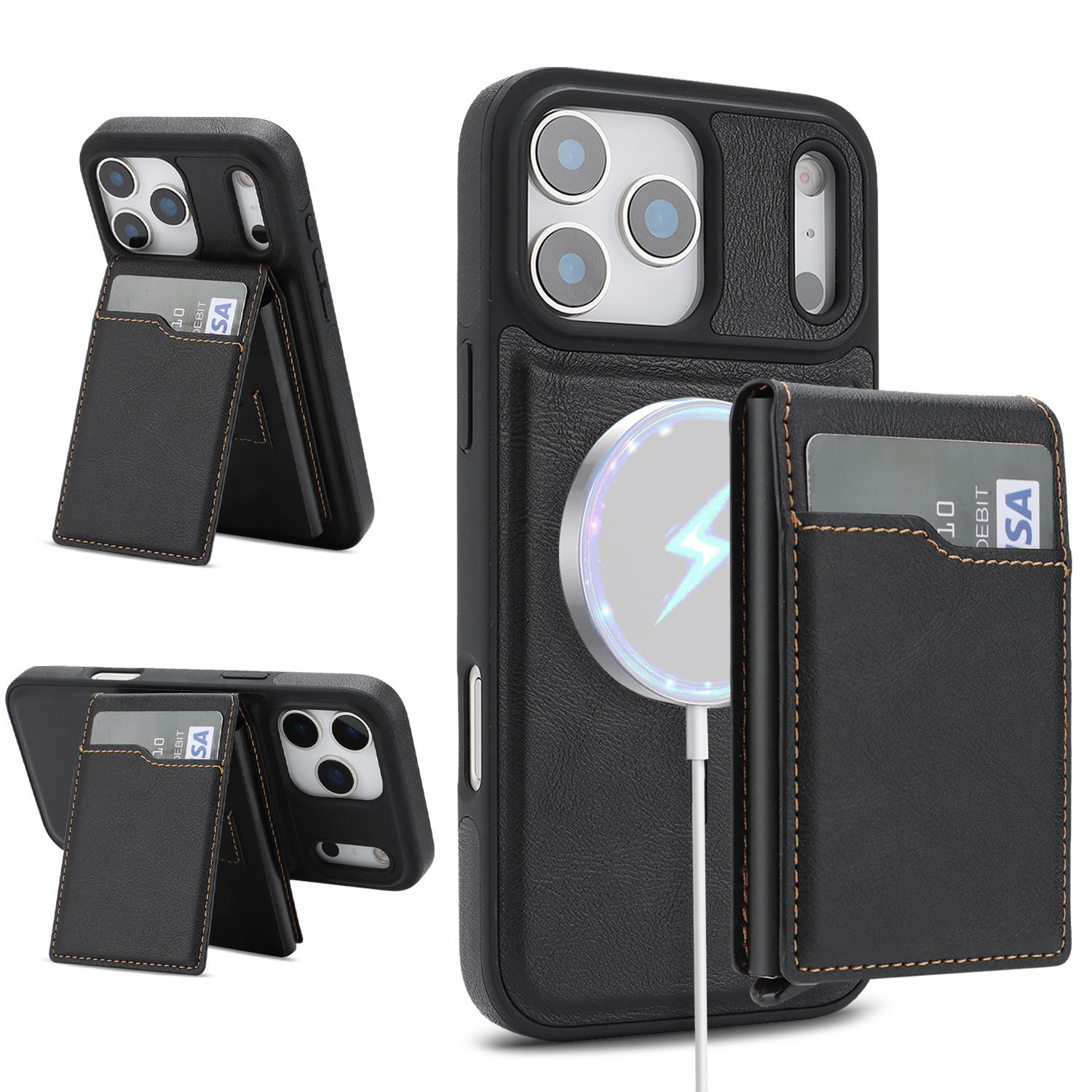 For iPhone 17 Pro Magnetic Cover Kickstand Leather Back Phone Shell with Detachable Pop-Up Card Case - Black