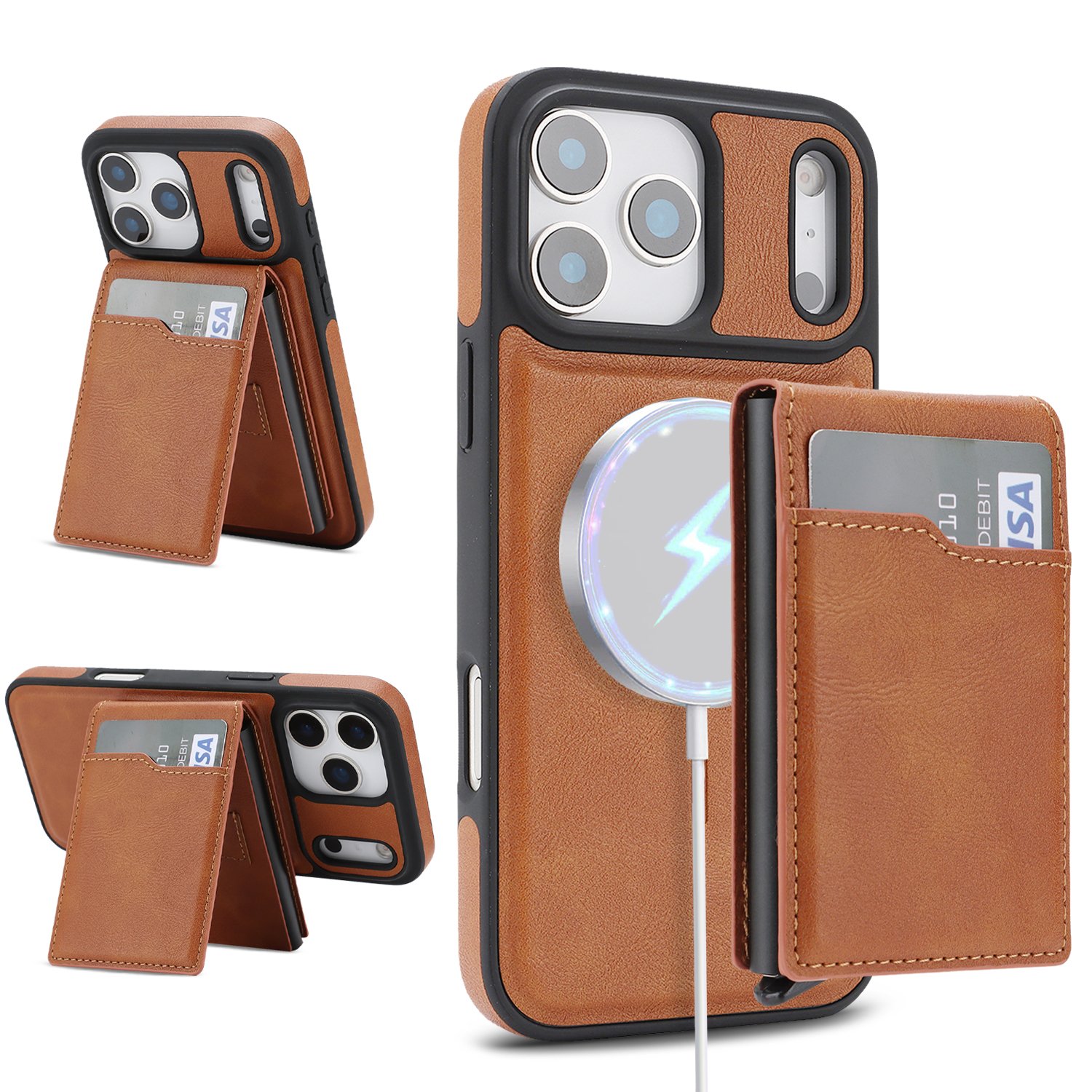 For iPhone 17 Pro Magnetic Cover Kickstand Leather Back Phone Shell with Detachable Pop-Up Card Case - Brown