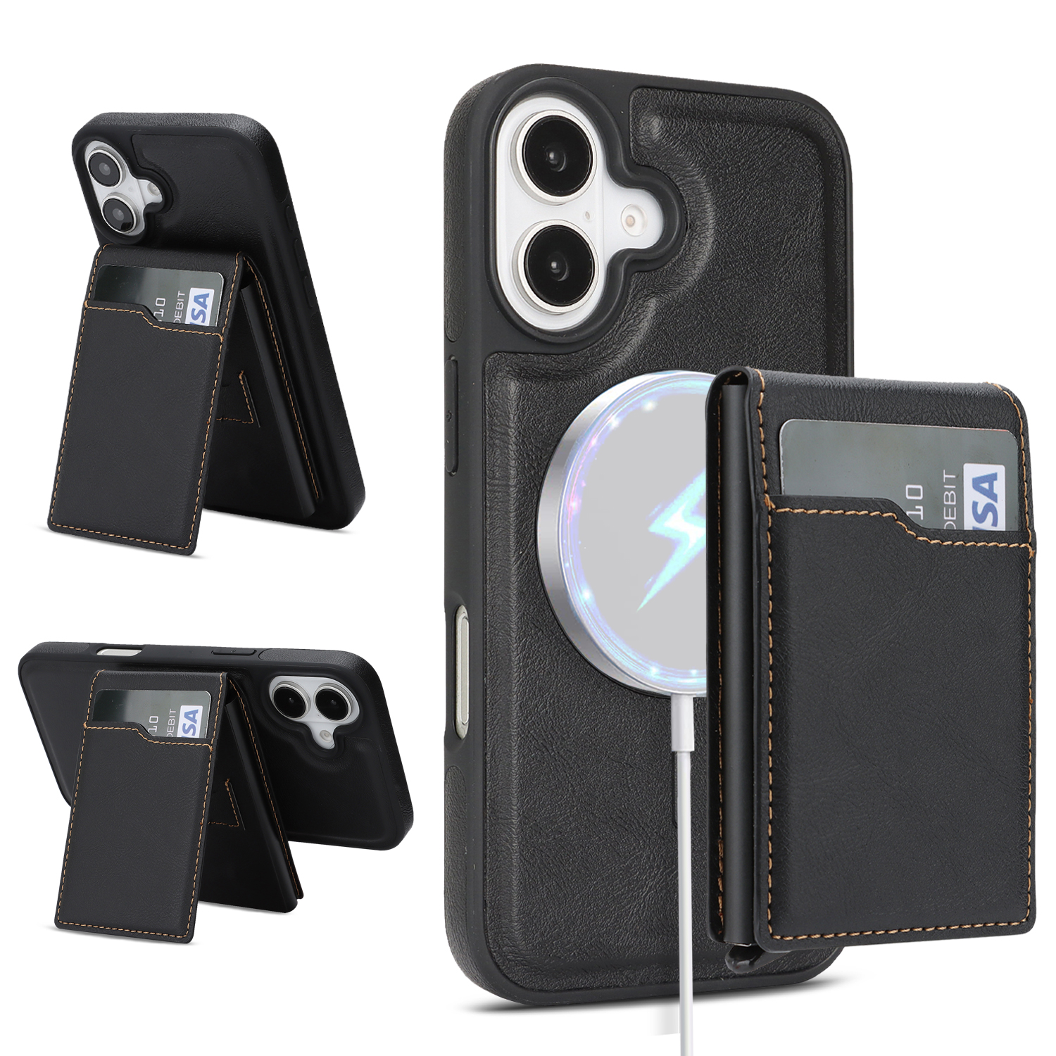 For iPhone 16 Magnetic Cover Kickstand Leather Back Phone Shell with Detachable Pop-Up Card Case - Black