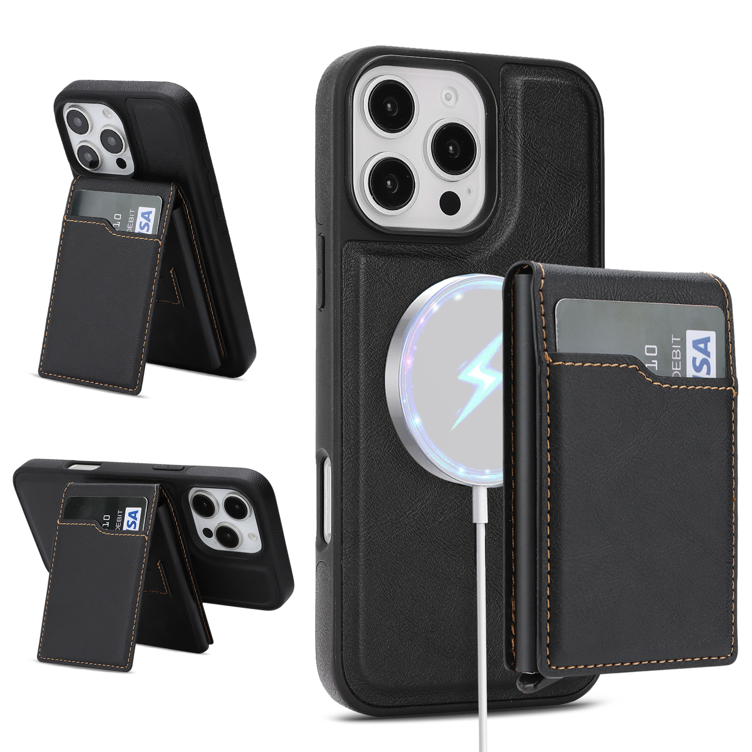For iPhone 16 Pro Max Magnetic Cover Kickstand Leather Back Phone Shell with Detachable Pop-Up Card Case - Black