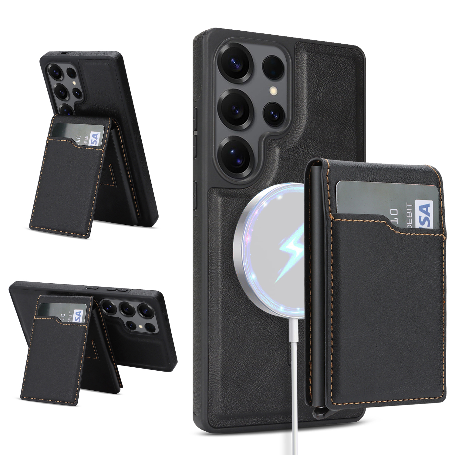 For Samsung Galaxy S26 Ultra Magnetic Cover Kickstand Leather Back Phone Shell with Detachable Pop-Up Card Case - Black