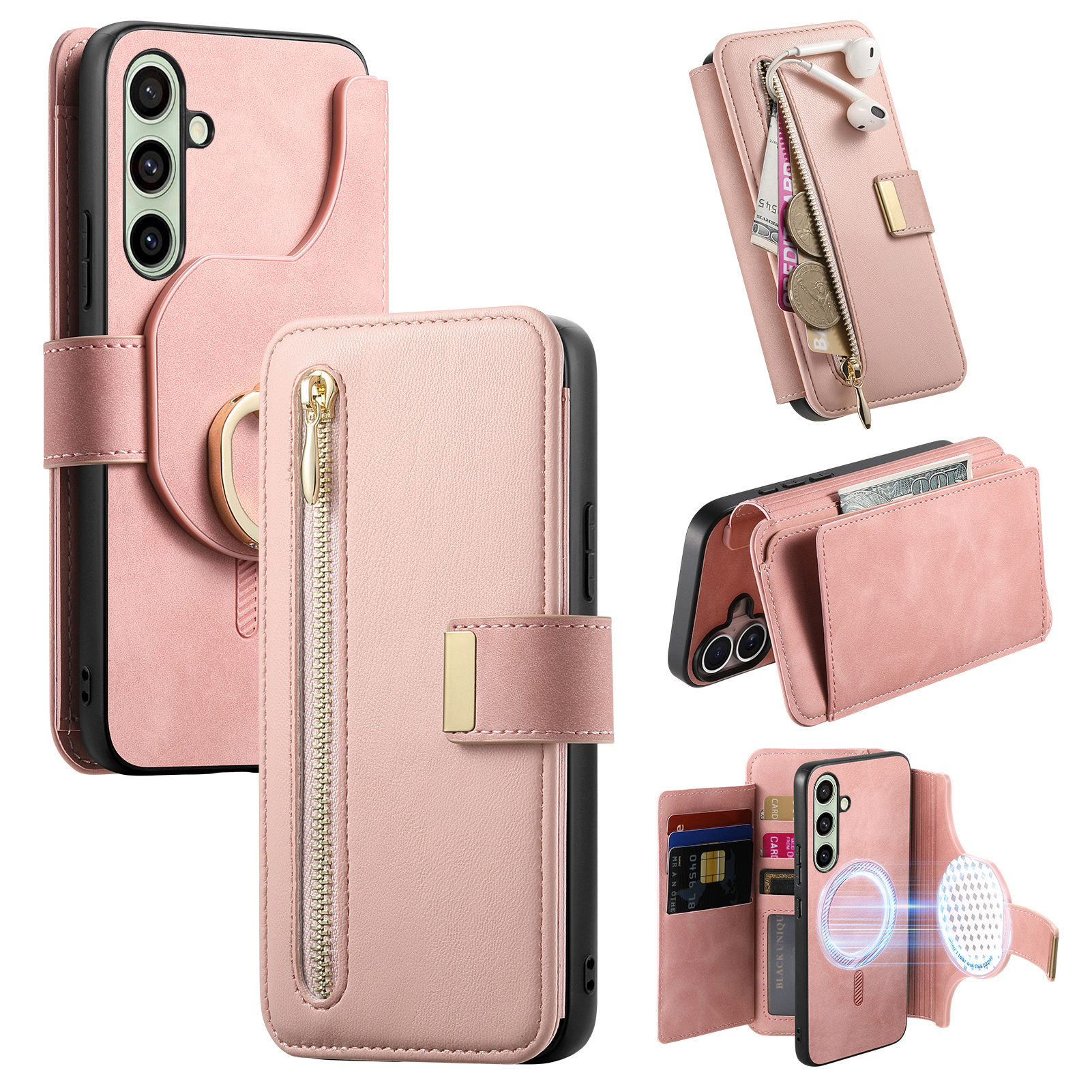 For Samsung Galaxy S25 FE Magnetic Leather Case with Detachable RFID Blocking Zipper Wallet Cover - Pink