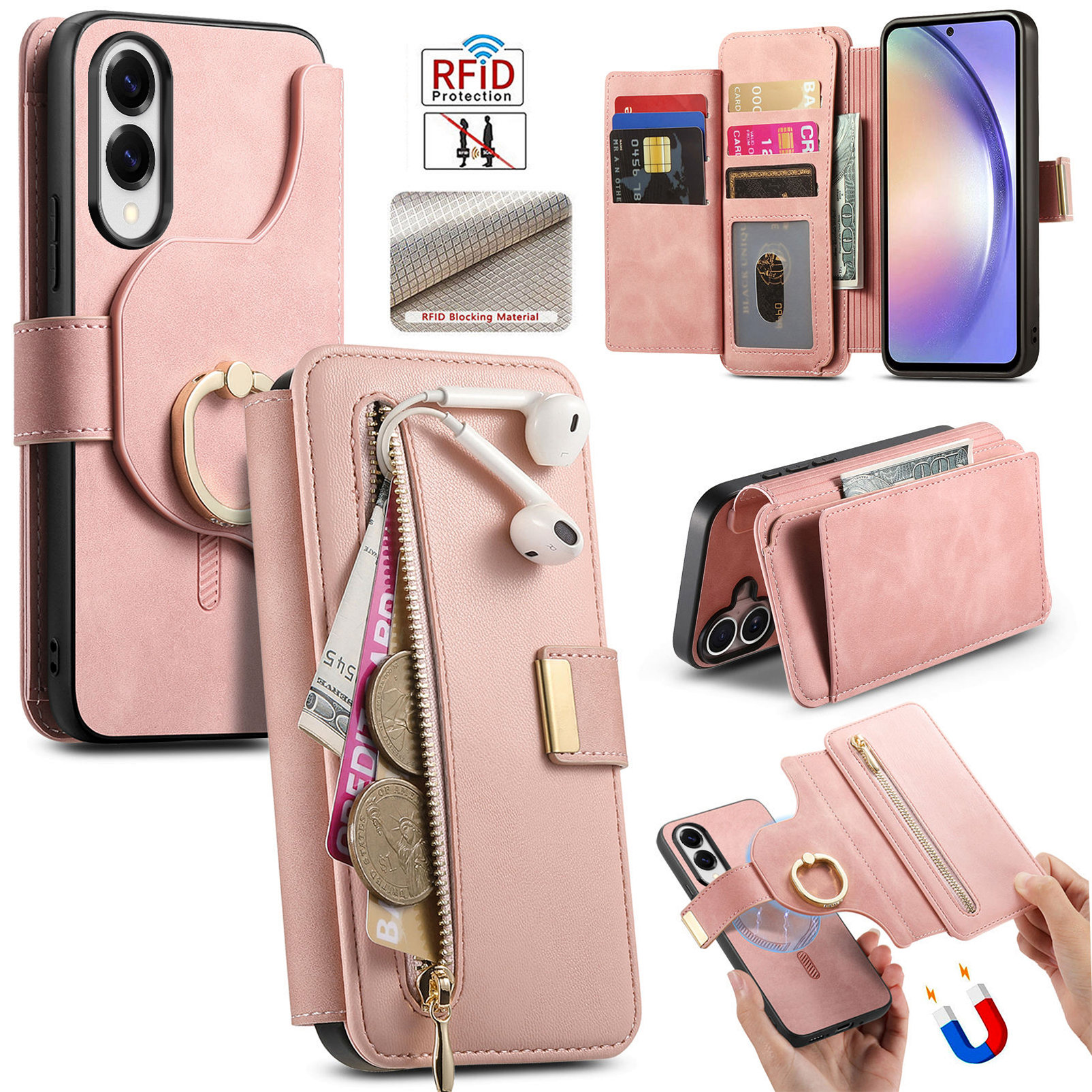 For Samsung Galaxy S25 Edge Magnetic Leather Case with Detachable RFID Blocking Zipper Wallet Cover - Pink