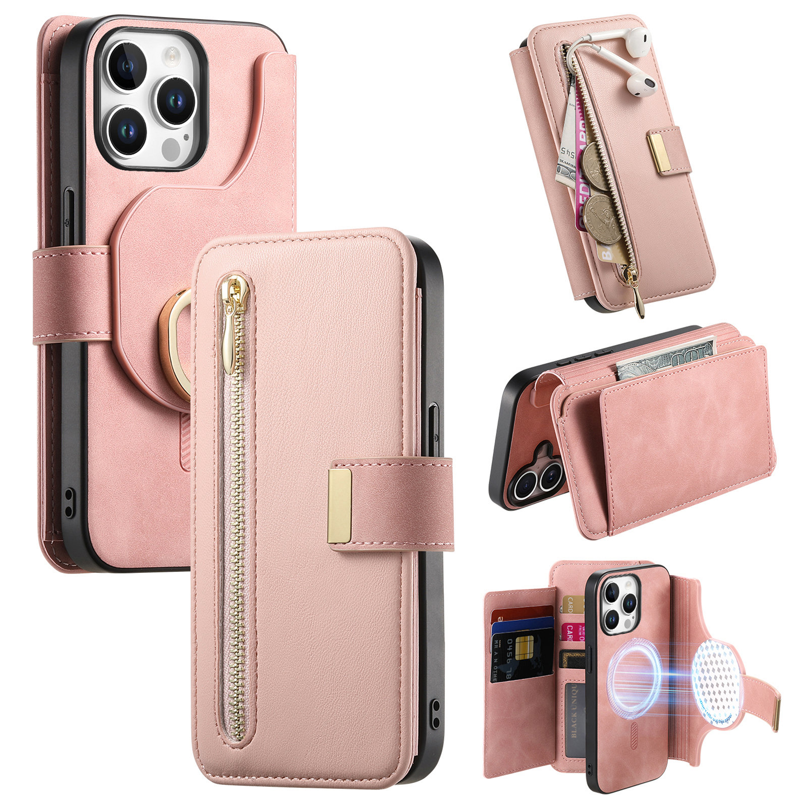 For iPhone 15 Pro Magnetic Leather Case with Detachable RFID Blocking Zipper Wallet Cover - Pink